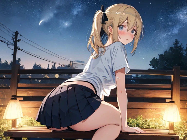 high resolution,(incredibly absurdres), (hires.fix:1.3),anime visual,extremely detailed CG unity 8k wallpaper, ((masterpiece)), ((top-quality)), (beautiful illustration), ((an extremely delicate and beautiful)),1 cute girl ,((looking afar star-filled sky )), cowboy shot, from below , from back, school uniform, floating skirt, ((panties)), no cloud, background star-filled sky
