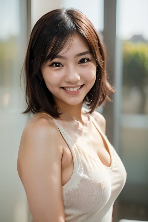 masterpiece,best quality,(Japanese ),((Beautiful girl)),cleavage,indoor,(perfect body beauty:1.2),(shy smile),beautiful teeth,