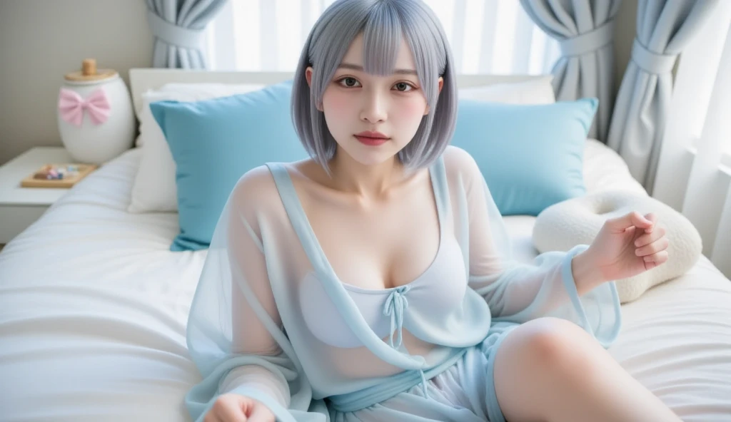 (NSFW,1 Japanese ultra young girl lying the bed:1.75), (Spread her legs wide:2.0),extremely detailed face, NO makeup, beautiful eyes with long eyelashes, charming eyes, dropped eyes, small delicate nose, lovely smiling lips, (short silver hair:1.5), (porcelain white skin, wearing a lacy negligee, slender figure:1.25), (best quality,4k,8k,highres,masterpiece:1.2),ultra-detailed,(realistic,photorealistic,photo-realistic:1.37),HDR,UHD,studio lighting,ultra-fine painting,sharp focus,physically-based rendering,extreme detail description,professional,vivid colors,bokeh,portraits,soft pastel colors,natural lighting,cinematic composition