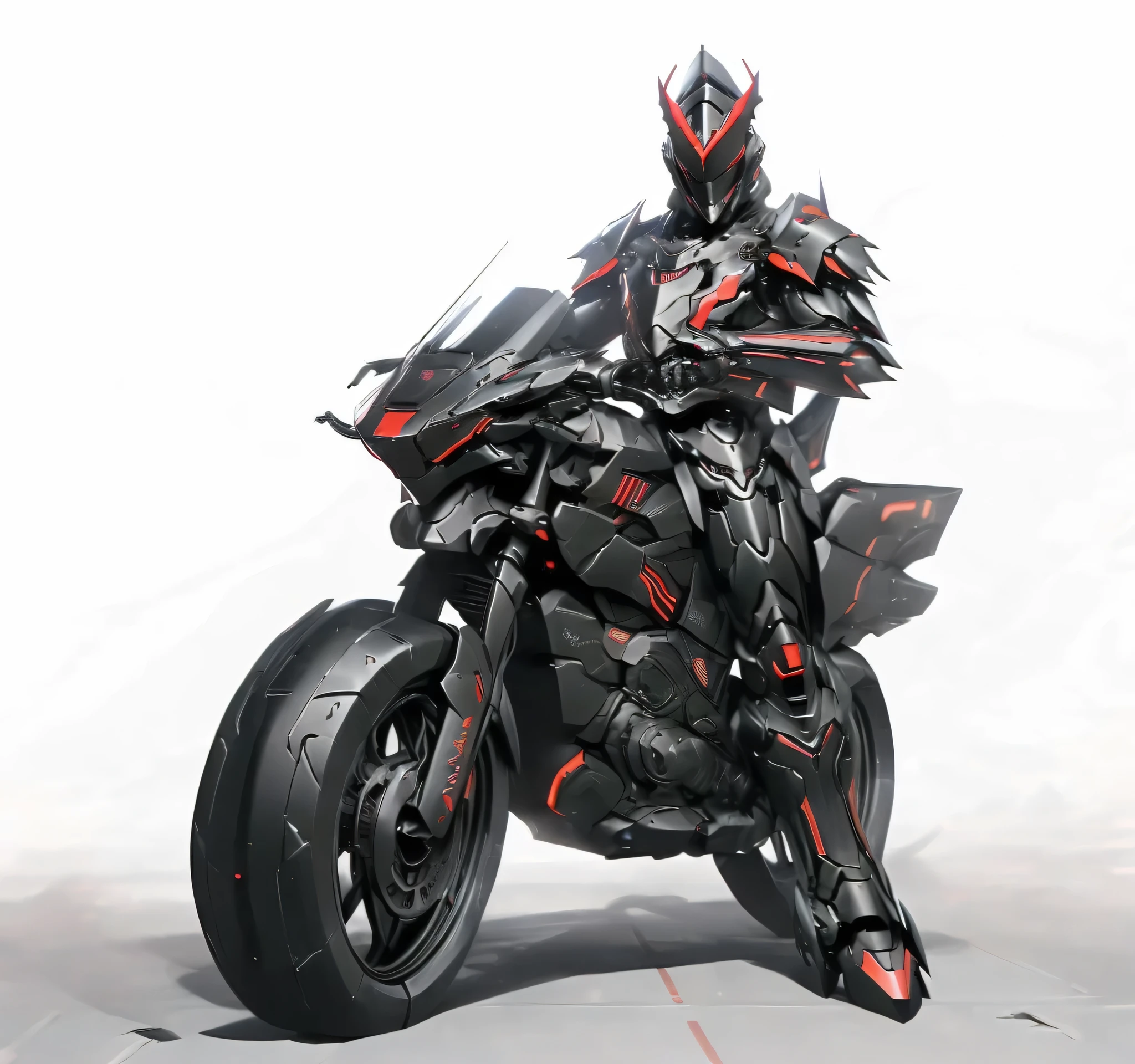 Close-up of a mecha riding a motorbike motorbike,has a red light, black and red armor, Futuristic Armor, black armor, Dark armor, black and red reflective armor, Corrupted Armor, , red armor, Demon Armor , Dark Futurism, complex assassin mech armor, angular metal armor, Simple design armored style , wearing Futuristic Armor, mech suit