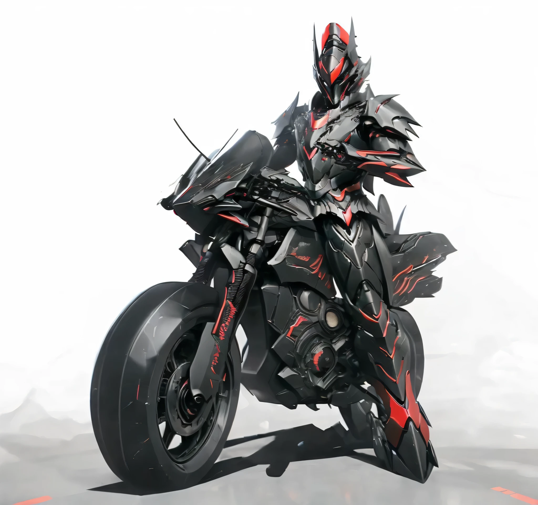 Close-up of a mecha riding a motorbike motorbike,has a red light, black and  red armor, Futuristic Armor, black armor, Dark armor, black and red reflective armor, Corrupted Armor, ,  red armor,  Demon Armor , Dark Futurism, complex assassin mech armor, angular metal armor, Simple design armored style , wearing Futuristic Armor,  mech suit 