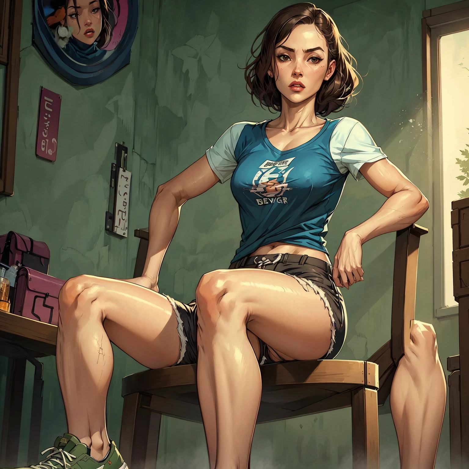 （realisticlying， tmasterpiece， A high resolution， best qualtiy， ultra - detailed， detailedbackground：1.2）， 1girll， with brown eye， Messy short brown hair， perky small breasts， Bodybuilding， White-colored skin， a black choker， cyber punk perssonage， Morning， messy rooms， janelas， buliding， Gilet blanc， no brassiere， Green sports shorts， A piano， sitted， Russian style， no shoe，