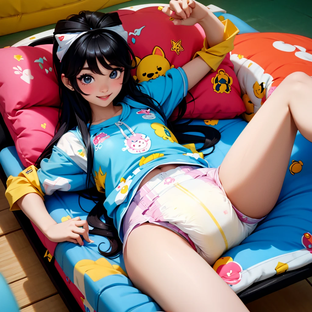cute kpop girl, pee diaper, wet diaper, tight diaper, smile, long hair, black hair, playground, park, amusement park, realistic, 3d, photorealistic, 3d render, real, detailed