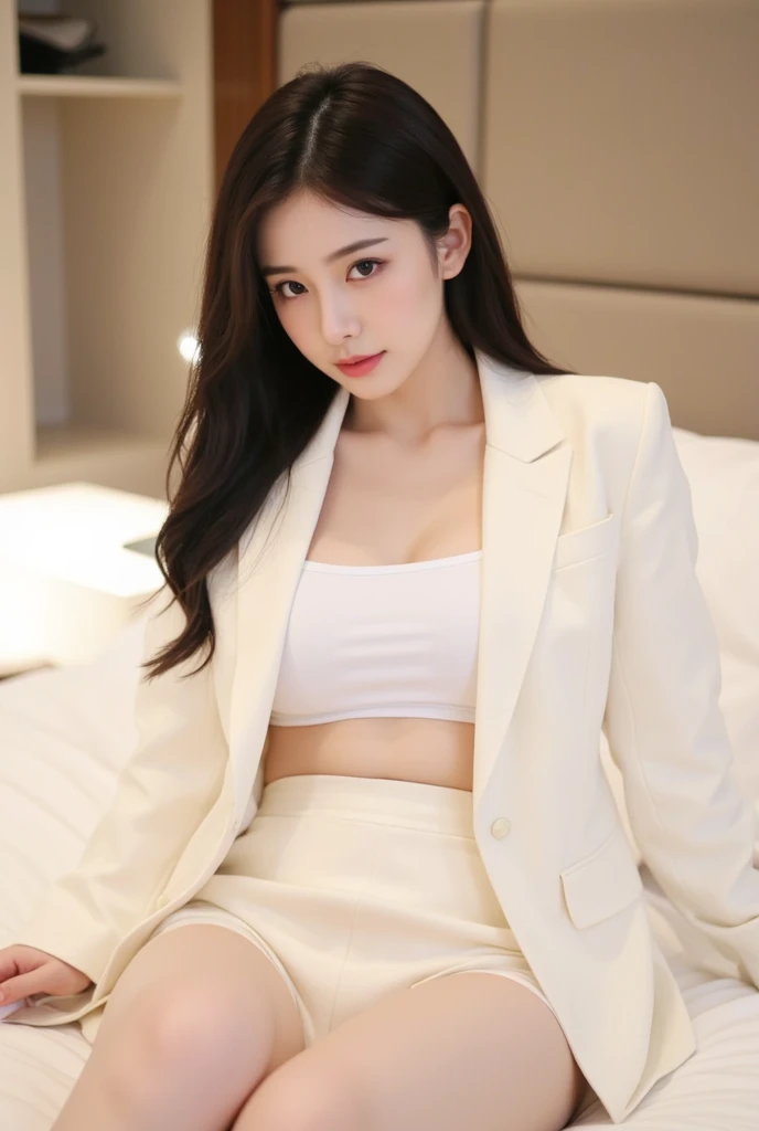 a 22 year old face of the most beautiful actress in the world, the perfect body proportions of a female, the whole vagina between opened legs is clearly seen thanks to nothing is covering it, blazer is firmly worn on formal shirt which is covering the whole upper body of a female, sitting on a sofa with spread the legs, pubic hair of a female, detailed genitalia of the female lower body, just the upper body of a female is in clothes, in the living room, best quality, highly detailed, masterpiece, ultra high res, photo realistic, 8k, short hair cut above the ears