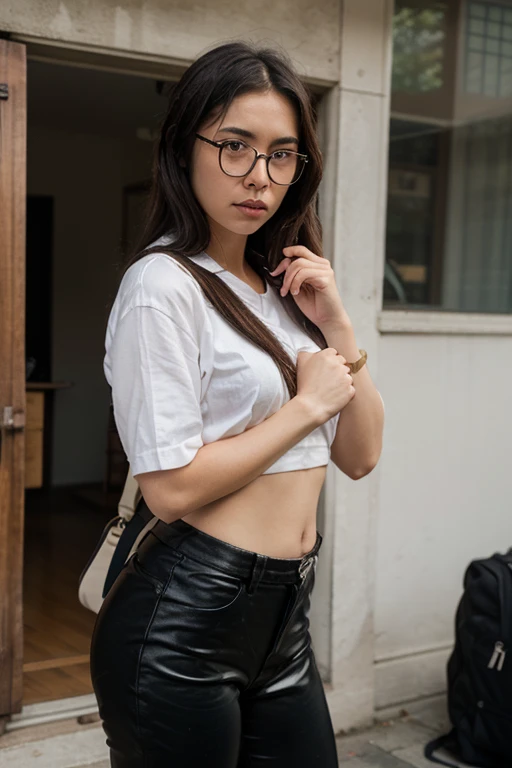 (Best quality, Ultra detailed, Golden ratio, Masterpiece:1.2), Theatrical lighting:0.7, Photo of a woman, dressed in a very elegant and pretty dress, Perfect rare face, (Highly detailed skin), randomly dyed hair, Hide your mouth with your hands、Ridicule, skin texture, Pale skin, shiny skin, (thin, large size:1.2), [:(Sharp focus on rare face, perfect eyes:1.2):0.2], photorealistic, film grain, Put one foot forward、from below looking up、look at camera、Emphasize the shoulders, Focus on face、Stockings、glasses、Smile with corners of mouth raised、disdainful expression, summer haze, muted colors, muted warm colors, Photo cinematic portrait of a woman dressed in a striped dress sitting by the window in the early morning, cinematic, (tilted:1.3) (on an old train) look cautious, standing under a spotlight, volumetric dust clouds, key light, backlight, soft natural lighting, photography Film grain ISO 400 30 mm lens RAW f1.8 aperture, highly detailed (analog photography:1), colors hdr, ((black pantyhose)), (((Thai girls)))
