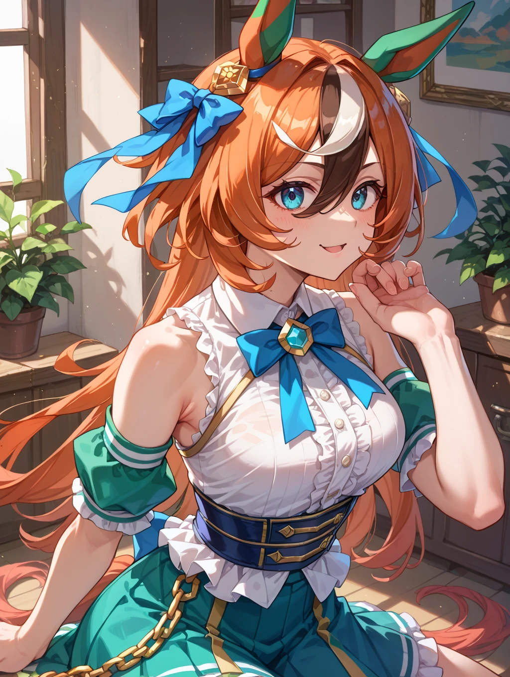 (Masterpiece, Best Quality, High Quality), volumetric lighting, illustration, beautiful, perfect lighting, perfect shadows, (breathtaking scenery:1.1), blushing,  standing, honoka kousaka, blue eyes, orange hair, doa honoka outfit wrestler , sweating, exited smile , detailed floating hair strands, castlevania style, closed mouth ,thicc legs 