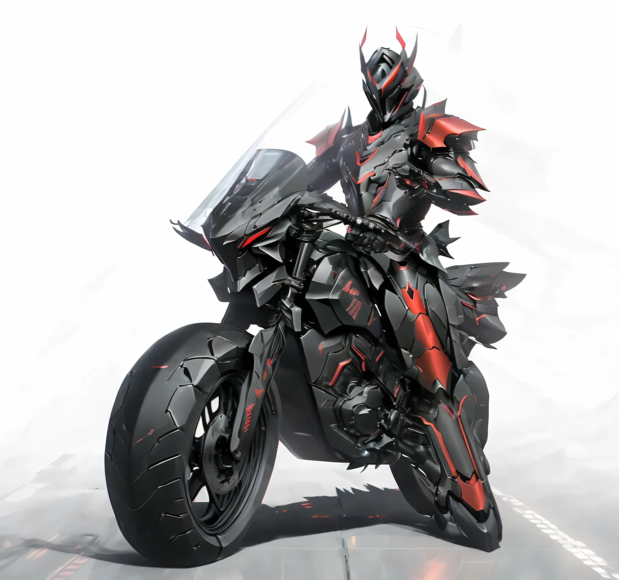 Close-up of a mecha riding a motorbike motorbike,has a red light, black and red armor, Futuristic Armor, black armor, Dark armor, black and red reflective armor, Corrupted Armor, , red armor, Demon Armor , Dark Futurism, complex assassin mech armor, angular metal armor, Simple design armored style , wearing Futuristic Armor, mech suit