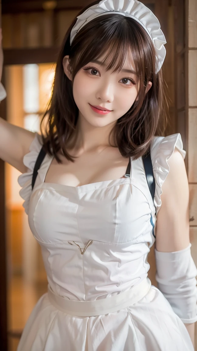 highest quality, masterpiece, Ultra-high resolution, (Reality: 1.4), Original photo, One girl, mature, happy smile, short hair, plump body, , Cinema Lighting, from below