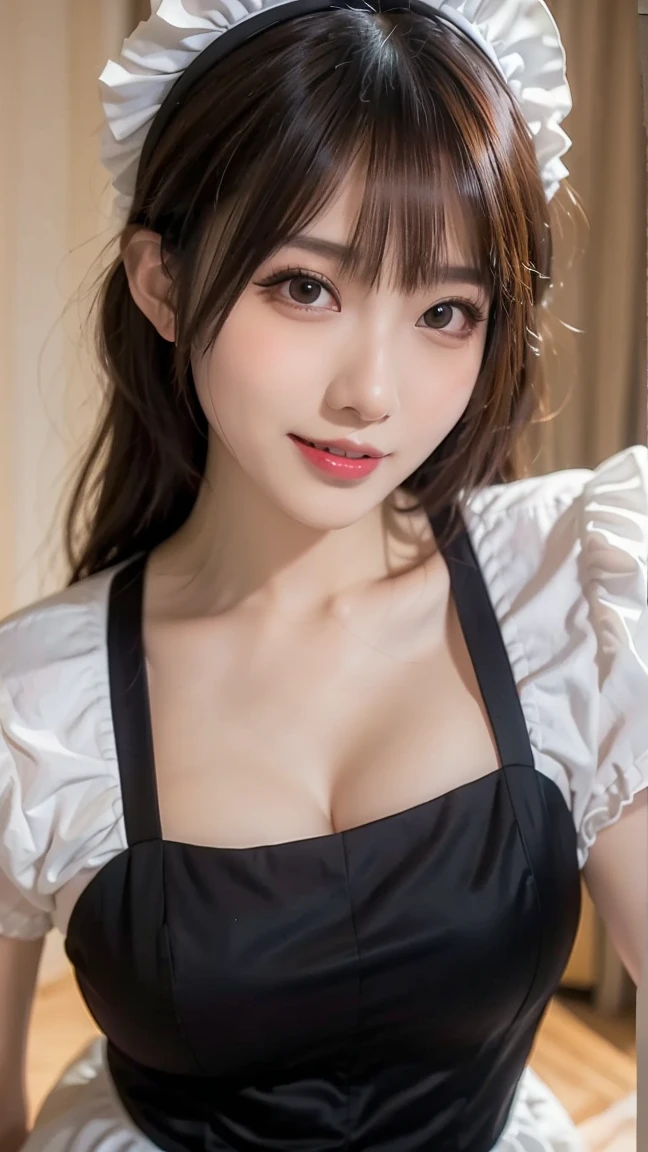 masterpiece、masterpiece、One girl per photo、(Face close-up、Cowboy Shot)、Front view from the front、Japanese、Very young and beautiful woman、(The cutest girl in the world)、24.age、Makes your face smaller、Small breasts、Cleavage、Wearing a cute black maid outfit made of short sleeve silk satin、Very elaborate costumes、Smiling at the cafe、Black ribbon headdress、Scrunchie、Black choker、Attractive appearance、Super cute face、Glossy Lips、Double eyelids on both eyes、 Natural Makeup、Long eyelashes、Shiny and smooth light brown hair、Bans、Short Twin Tails、Asymmetrical bangs、Center image、8K resolution、Advanced Details、Detailed hairstyle、Detailed face、Great cinema lighting、Octane Rendering、Ultra-realistic、Perfect limbs、Perfect Anatomy、Gravure pose、(embarrassed、blush、open clothes、cleavage、strap slip)、((High angle、belly button、Beautiful clavicle、With open arms、Armpits、Open your mouth a little、Close ~ eyes、Look up))、Selfie
