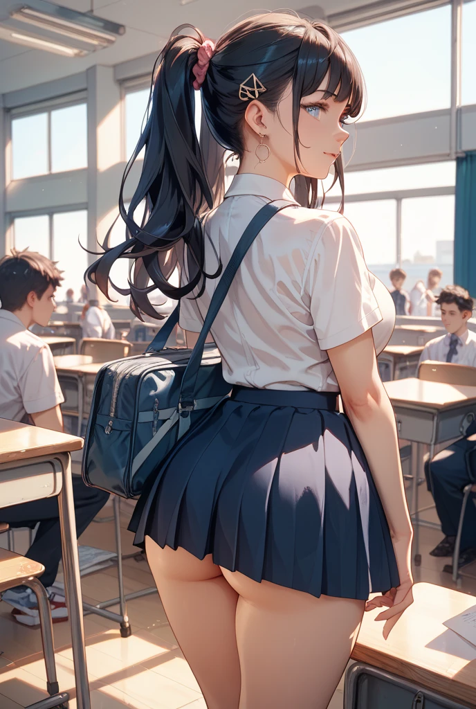 PERFECT MASTERPIECE, EXTREMELY DETAILED CG UNITY 8K UHD QUALITY RESOLUTION WALLPAPER, PHOTOREALISTIC, OFFICIAL ART, PROFESSIONAL CINEMATIC LIGHTING, AWARD-WINNING PORTRAIT, PROFESSIONAL FILM QUALITY, the most beautiful and sexy schoolgirl, long green hair, vibrant moonlight eyes, long detailed eyelashes, blushing, super huge enormously gigantic tits, cleavage showing, gigantic tits bursting out of her shirt, tons of tattoos and piercings, wearing detailed school girl uniform and school girl skirt, white panties showing, bending over on all fours arching her back, nice big ass, looking back at the viewer, close up pov camera view from below, sexy seductive slutty dynamic pose, sexy seductive slutty facial expression, in an empty classroom