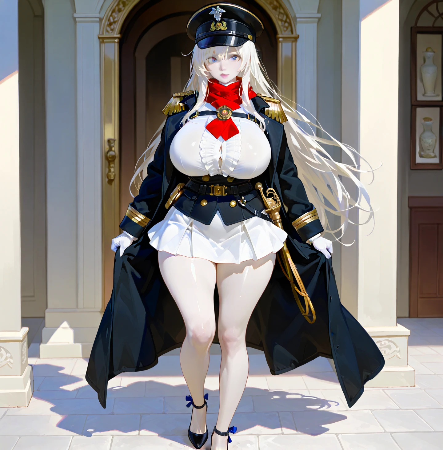 <lora:YorktownAZ:1>YorktownAZL, 1girl, solo, long hair, breasts, looking at viewer, blue eyes, large breasts, long sleeves, dress, cleavage, full body, white hair, pantyhose, necktie, white dress, coat, black pantyhose, military, rose, high heels, armband,( high quality, best quality, detailed:1.2) (outdoors:1.2),