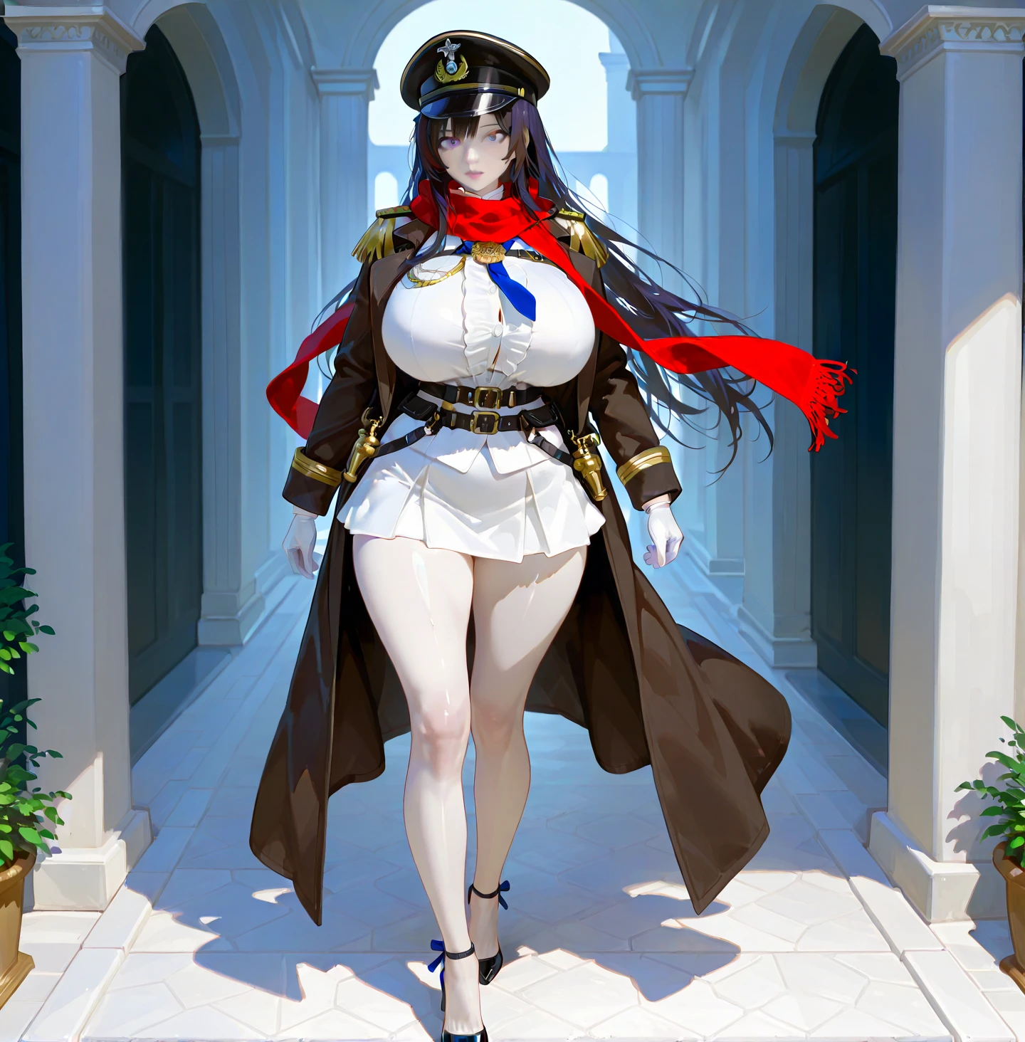((Best quality, 8K, masterpiece:1.4)), Anime style, full body, beautiful Soviet girl, long straight dark brown hair in a neat braid, large expressive deep blue eyes, tall and athletic with curvy figure, ((very large breasts:1.4)), wide hips, narrow waist, prominent round buttocks, traditional Soviet attire with red neckerchief, white blouse, dark skirt, red beret with Soviet emblem, Soviet military medals, confident and proud expression, standing in Red Square, Moscow, highly detailed background with the Kremlin and St. Basil's Cathedral, vibrant and bustling scene, patriotic atmosphere.