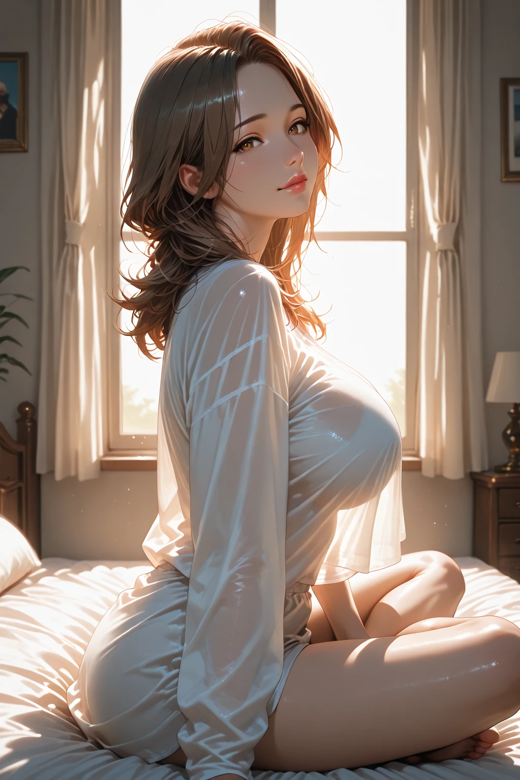 a woman in a bathrobe, bathrobe partially open revealing her undergarments, sitting on a bed, detailed facial features, beautiful eyes, beautiful lips, high quality, photorealistic, cinematic lighting, warm color tones, intricate details, masterpiece