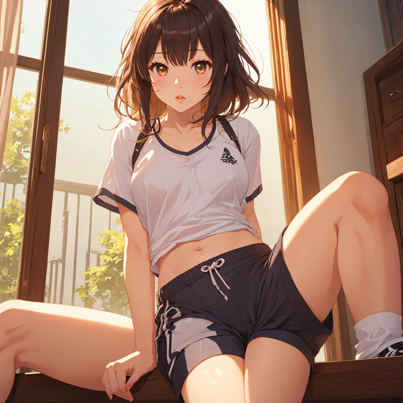 Bottom view, under shorts, sitting, high detail. One girl Mikoto Misaka with medium length light brown hair sits on the floor in a well lit room, wearing a black sports bra and short black shorts with white trim. (spread your legs, bend your knees) Ponytail of hair on the left side, Brown eyes, She has a confused look on her face. Sunlight enters through the window, illuminating the space and highlighting various objects in the room, such as clothes, hanging outside, and personal items in the background.