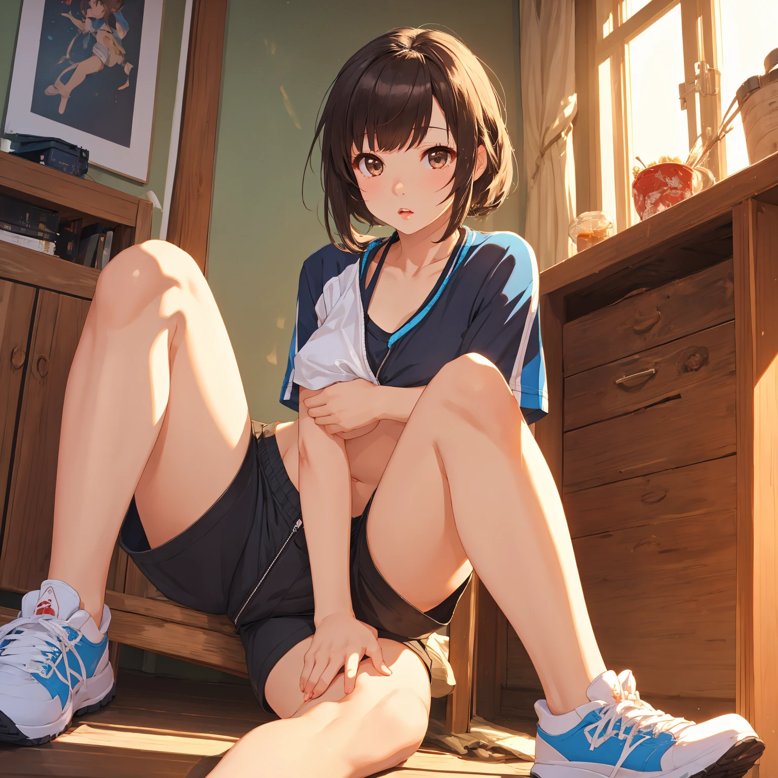 (Superflat, Flat Shading, flat-colors:1.1)、(Magazine Cover)、Illustrations、(one asian boyish girl)、(cute little:1.2)、very beautiful 14 year old cartoon girl、Great smile、cheeks are reddened、(High Detail Skin: 1.2)、photorealistic anime girl render、realistic anime 3 d style、cute littleボブカット、Beautiful brown hair、Intense black eyes、Strong highlights of the eyes、(A detailed、medium chest)、Perfect Anatomy、hair messy、old style sportswear、((Sportswear that is transparent with sweat))、white tight sleeveless shirt、red short tight shorts、((Wet with water))、((crotch open、blushing、Shy、Squat forward、stick out buttocks、Spreading your legs、Panties are visible、Shots too close to the buttocks、Close-up of buttocks、glute、Posing sexy、pleasant sensation、Strong slope、Holding the waist、Show off your ass))、Volumetric lighting、Soft light、Bright、neons、Vibrant colors、watercolor paiting、