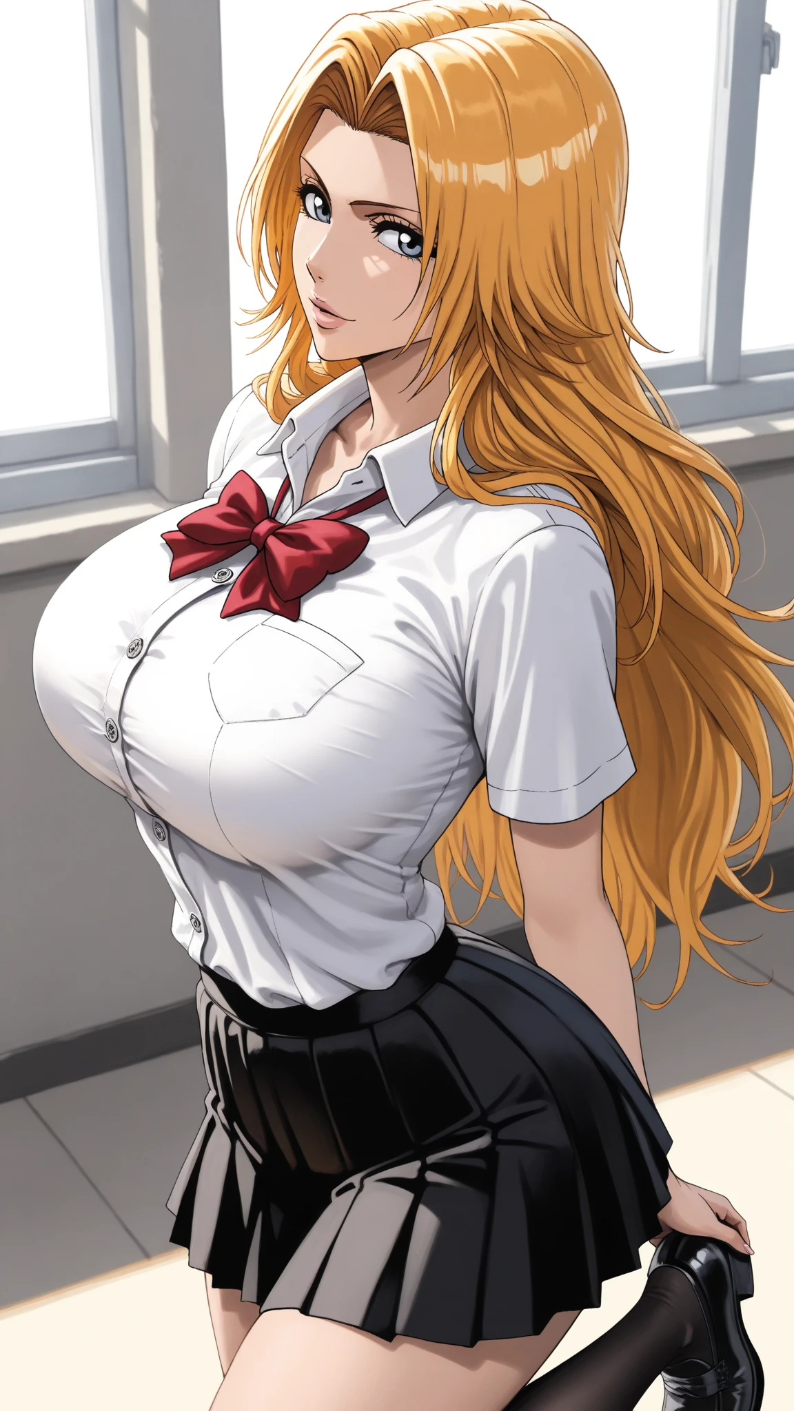 BREAK looking at viewer, BREAK (masterpiece:1.2), best quality, high resolution, unity 8k wallpaper, (illustration:0.8), (beautiful detailed eyes:1.6), extremely detailed face, perfect lighting, extremely detailed CG, (perfect hands, perfect anatomy),school,desk,tables,windows,soft light,rangiku matsumoto, long hair, (grey eyes:1.5), orange hair, mole, mole under mouth, parted bangs,skirt, shirt, cleavage, jewelry, school uniform, pleated skirt, necklace, chain, collar, short sleeves, grey skirt, white shirt,upper body,bend over table,in middle,nipples see through.