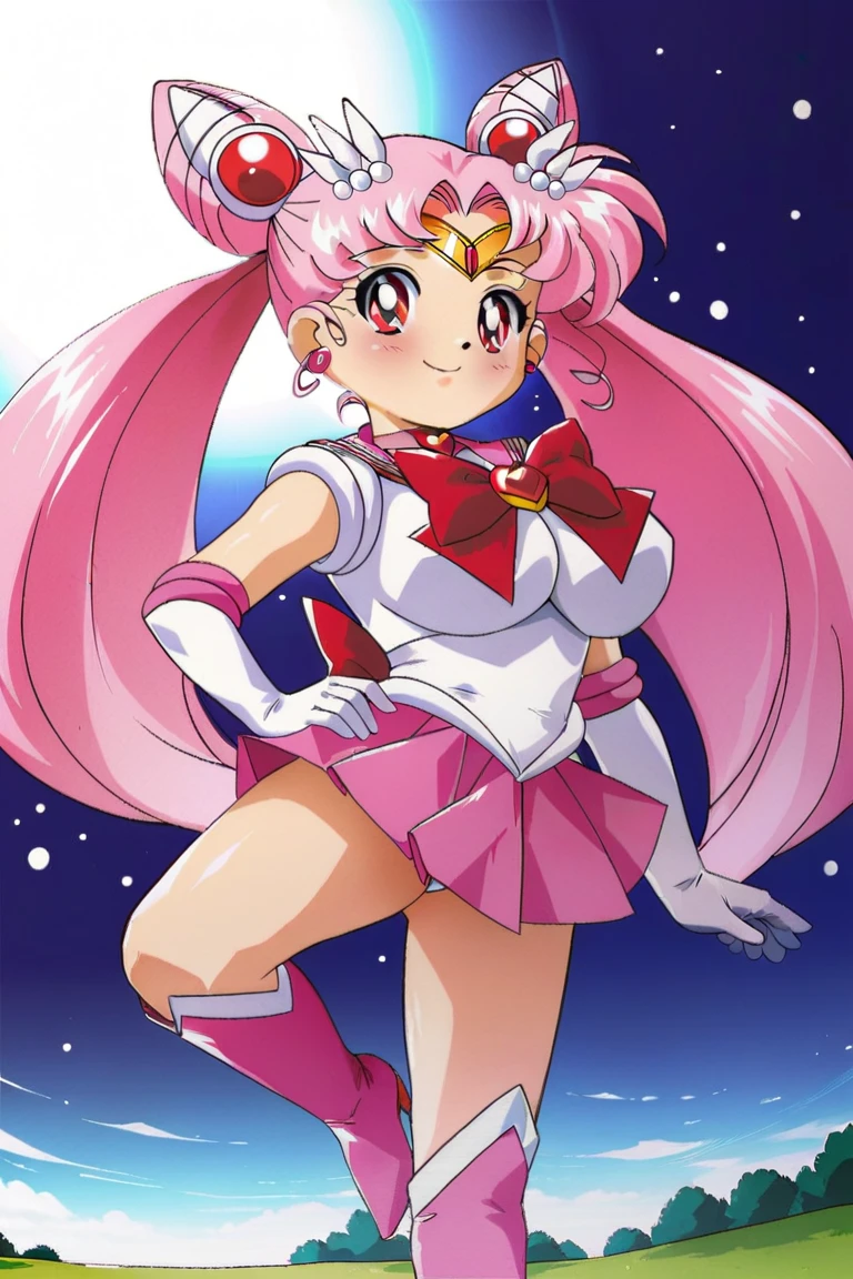 obra maestra, Mejor calidad, absurdos, perfect anatomy, 1 chica, Solo, SMMoon, 1990s \(Estilo\), Sailor Chibi Luna Cabello Rosa, pupilas rosadas ojos, subir las escaleras, de cerca, Sonrisa, tiro de vaquero, Uniforme Sailor Senshi Rosa, Collar marinero rosa, falda plisada rosa, guantes de codo, en postura de espalda, Show off your loot, backward, No hay tanga en un gran trasero, cuerpo completo, aausagi, de cerca booty, PUNTO DE VISTA DE ABAJO A ARRIBA