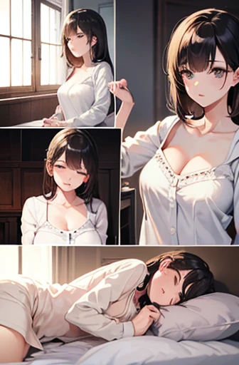 (((NSFW))),(((open the front of the blouse:2.4、White bra:1.9))),(((White short sleeve blouse、Red long skirt))),(((Apartment room、Sitting in a chair、Anxious expression)))Mid-length bob cut hair:1.9. Very large breasts:1.6、(((1 Female:1.3))), (((Brown Hair:1.3. Wavy Hair:1.6. Bob Cut Hair:1.9 Round Eyes Beauty:1.3. Shapely breasts, brown eyes, side-swept bangs, red cheeks:1.3 Sweat:1.3)))、(((Top quality masterpiece high resolution perfect human body:1.3))),(((Sweat:1.3,cute:1.3)))