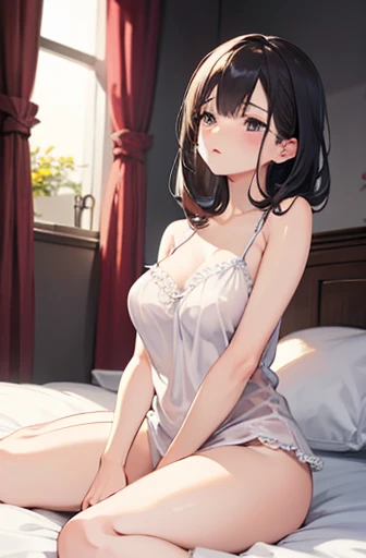 top-quality, (Endless realism: 1.2), 1 15-year-old girl, idoly, special, Brown hair, Brown eyes, delicated face, pretty eyes, hair adornments, choker necklace, Transparent camisole, nip slip, No Trucks, Brown eyes, v6, Chevoglis Court, Bob, (obvious cleavage: 1.8), , protruding from the camisole: 2.4), I took off my clothes and blushed., Behold, (Amazing Cleavage, A high resolution, Original photography, Endless realism: 1.25), (bright color lip gloss, Long eyelashes, Clear eyes, Smooth face, brightened skin, naturalshadow, Wide light, Wide light, depth of fields, strong colors, subtle caustics: 0.8), (good design)), (The cloth area is small)), a constriction of the waist, (Wet skin), (( ( her body is soaked)), ((ssee-through))), (The shape of Dantian is clearly visible: 1.2), sexual expressio, (Knees straight,Open your legs: 1.8), Lie down in bed, ((rubbing breasts yourself)), sensual lingerie, masturbation