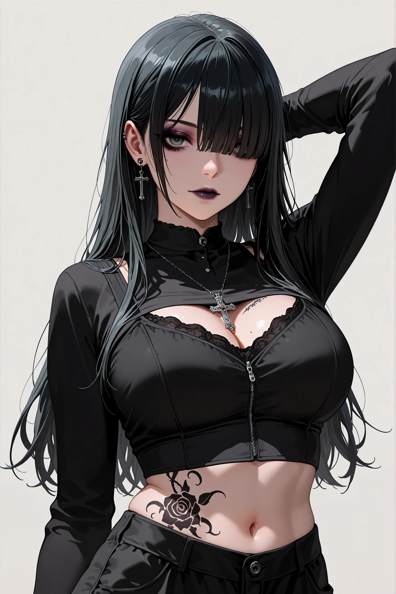 Woman with long black hair and a black top,european girl, very beautiful, top model gotica, 23 - year - big hips,e¿ gothic maiden anime girl, nude_shirt, unclothed,gallantry,sexy pose, (rubor), mirando al espectador, ((shorts negros)), escote, (((Caderas anchas))) gothic woman, vistiendo Gothic clothing moderna, Gothic lingerie, wearing a gothic dress, dreamy gothic girl,harness,flat chested,danknis,aw0k nsfwfactory