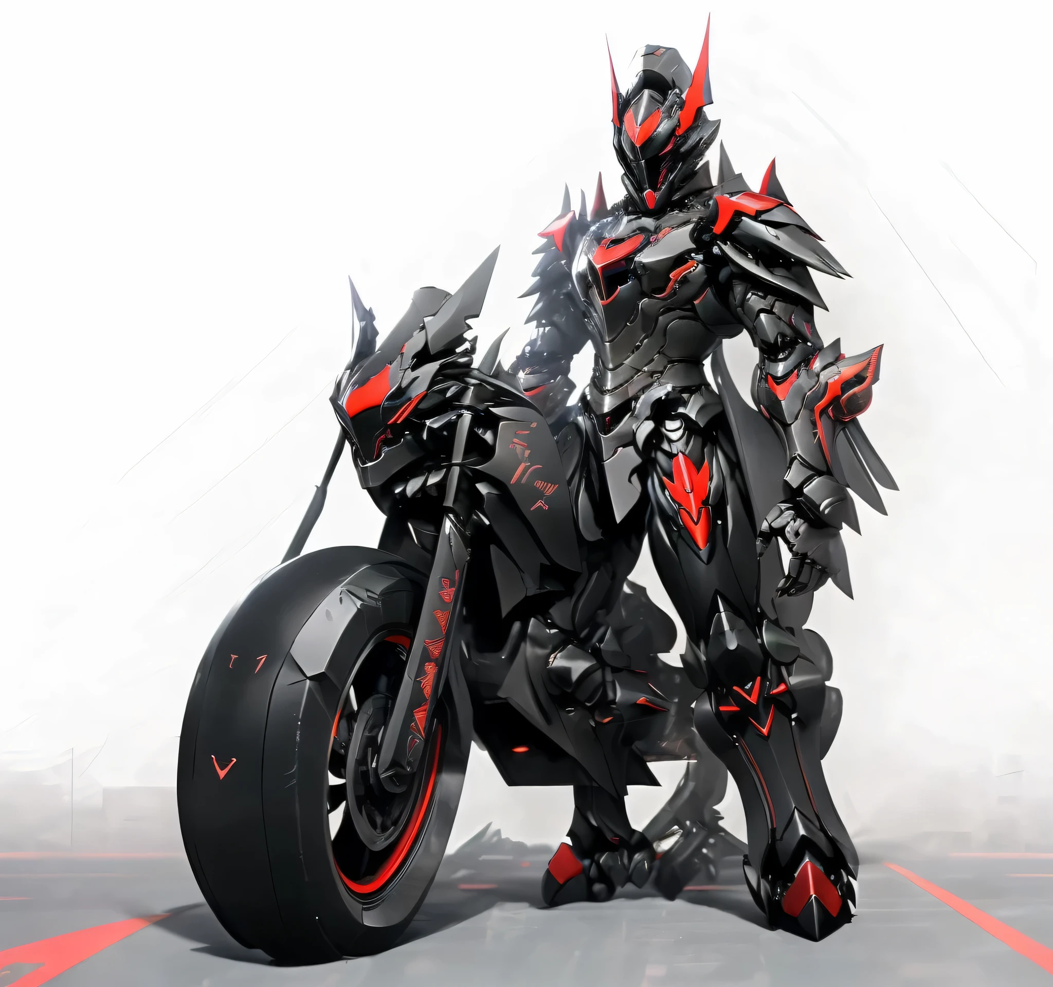 Close-up of a mecha riding a motorbike motorbike,has a red light, black and red armor, Futuristic Armor, black armor, Dark armor, black and red reflective armor, Corrupted Armor, , red armor, Demon Armor , Dark Futurism, complex assassin mech armor, angular metal armor, Simple design armored style , wearing Futuristic Armor, mech suit