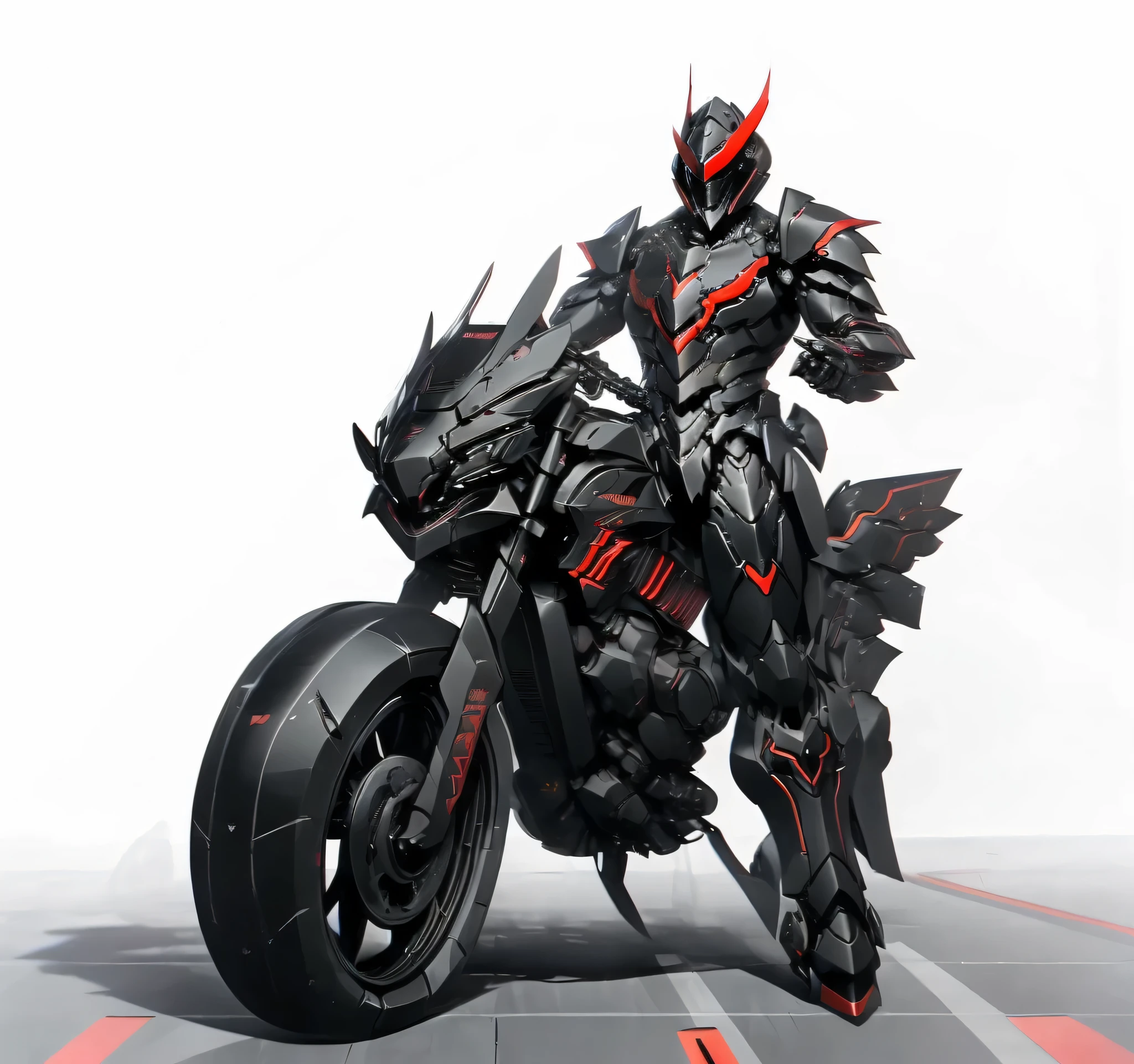 Close-up of a mecha riding a motorbike motorbike,has a red light, black and red armor, Futuristic Armor, black armor, Dark armor, black and red reflective armor, Corrupted Armor, , red armor, Demon Armor , Dark Futurism, complex assassin mech armor, angular metal armor, Simple design armored style , wearing Futuristic Armor, mech suit