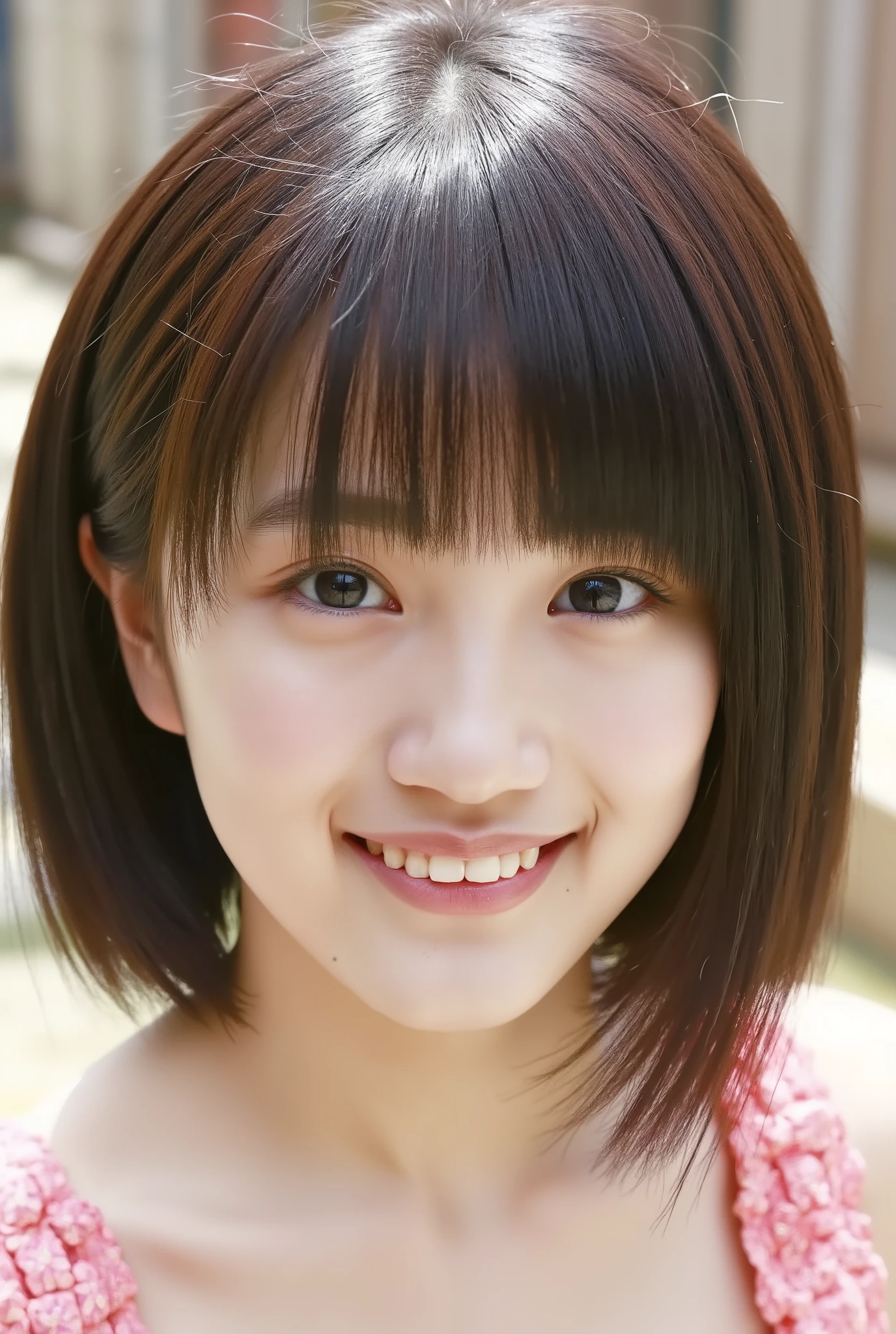kagome, , solo,10 yers old, long_hair, looking_at_viewer, smile, short_hair, bangs,black_hair, hair_between_eyes, brown_eyes, closed_mouth,light_smile, portrait, style_parody, official_style, (completely nude:1.2),full body,pussy, niplles,(Loli kid),