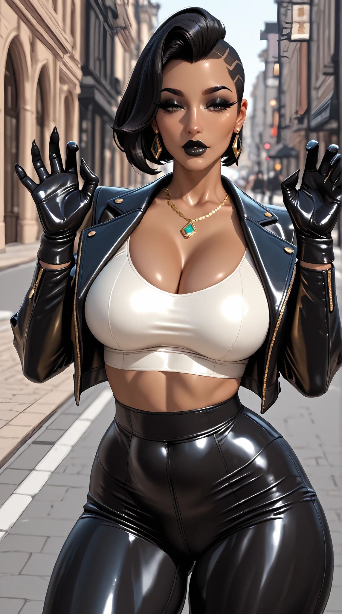 edgABT_Woman,edgABT_rosto,edgABT_Corpo, edgABT_(roupa cosplay), best quality, master part, illustration, (Realistic, photo-realistic:1.37), Amazing, detalhe fino, incrivelmente absurdos, tamanho de arquivo enorme, ultra-detalhado, alto, extremamente detalhado CG unidade 8k papel de parede, olhos e rosto extremamente detalhados, ray tracing, NSFW, , 1girl, A young woman with a Korean face and black and pink hair is wearing a black zippered leather jacket and a red mini skirt. She has large breasts and her jacket is fully unpacked, exibindo seu decote. Ela usa maquiagem pesada com sombra e batom vermelho. She has a leather collar with a gold chain around her neck, and leather gloves on the hands. She's wearing a short pink tie and some accessories, como um cinto, uma pulseira e um colar. She also has earrings and a nightclub, mostrando a causinha com saia de couro