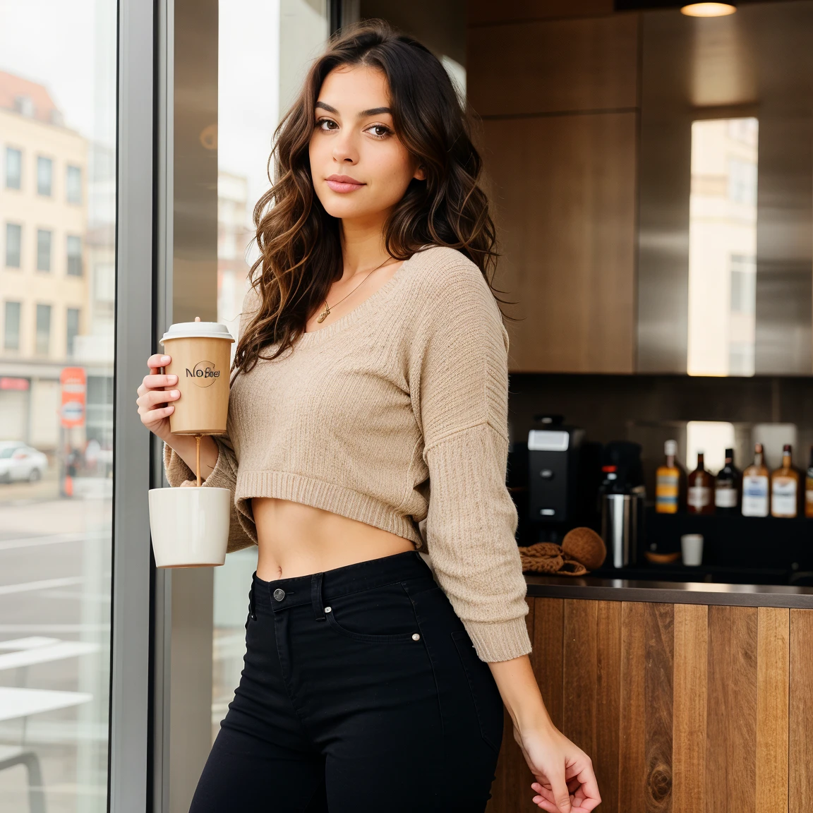 (masterpiece, best quality:1.4), (modern days), (cowboy shot), 1girl, solo, pov, sfw,
stunning girlfriend, (standing:1.1), dynamic pose, (white oversized sweater, knit sweater:1.4), (tight yoga pants, dark grey yoga pants:1.4), (short navy blue jacket, denim jacket:1.4), long blonde hair, swept bangs, heart shaped face, elegant face, beautiful face, highly detailed face, highly detailed skin, skin pores, subsurface scattering, (detailed blue eyes), realistic pupils, large breast, loving smile, looking at viewer, full face blush, full lips, holding a single coffee cup, centered,
coffee shop in background, city street, sunny day, wind, detailed background, depth of field, atmospheric perspective, volumetric lighting, sharp focus,
absurdres, realistic proportions, good anatomy, (realistic, hyperrealistic:1.4), 16k hdr,