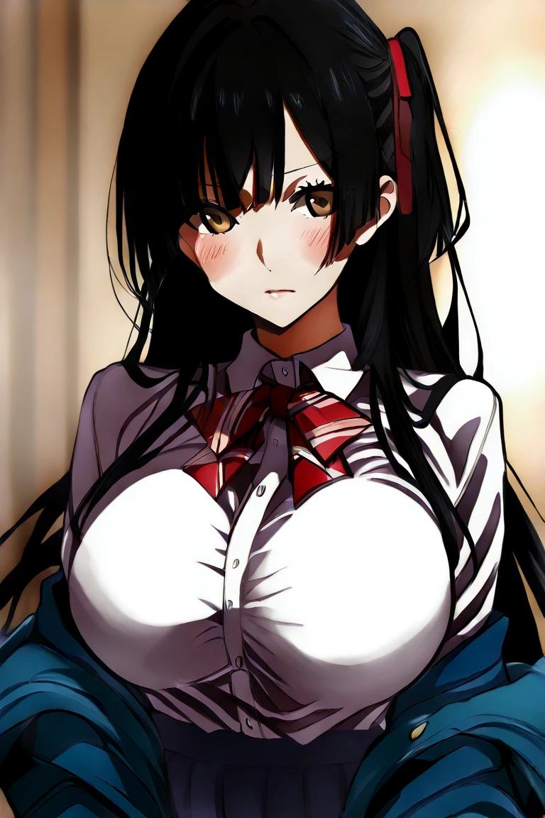 1 girl as yukino yukinoshita, absurdres, highres, solo, school uniform, big breasts, waist long black hair, (twintails:0.5), miniskirt, black thighhigh socks, loose red ribbon, unbuttoned white shirt, (ahegao:1.1), (rolling eyes:1.1), (female masturbation:1.1)