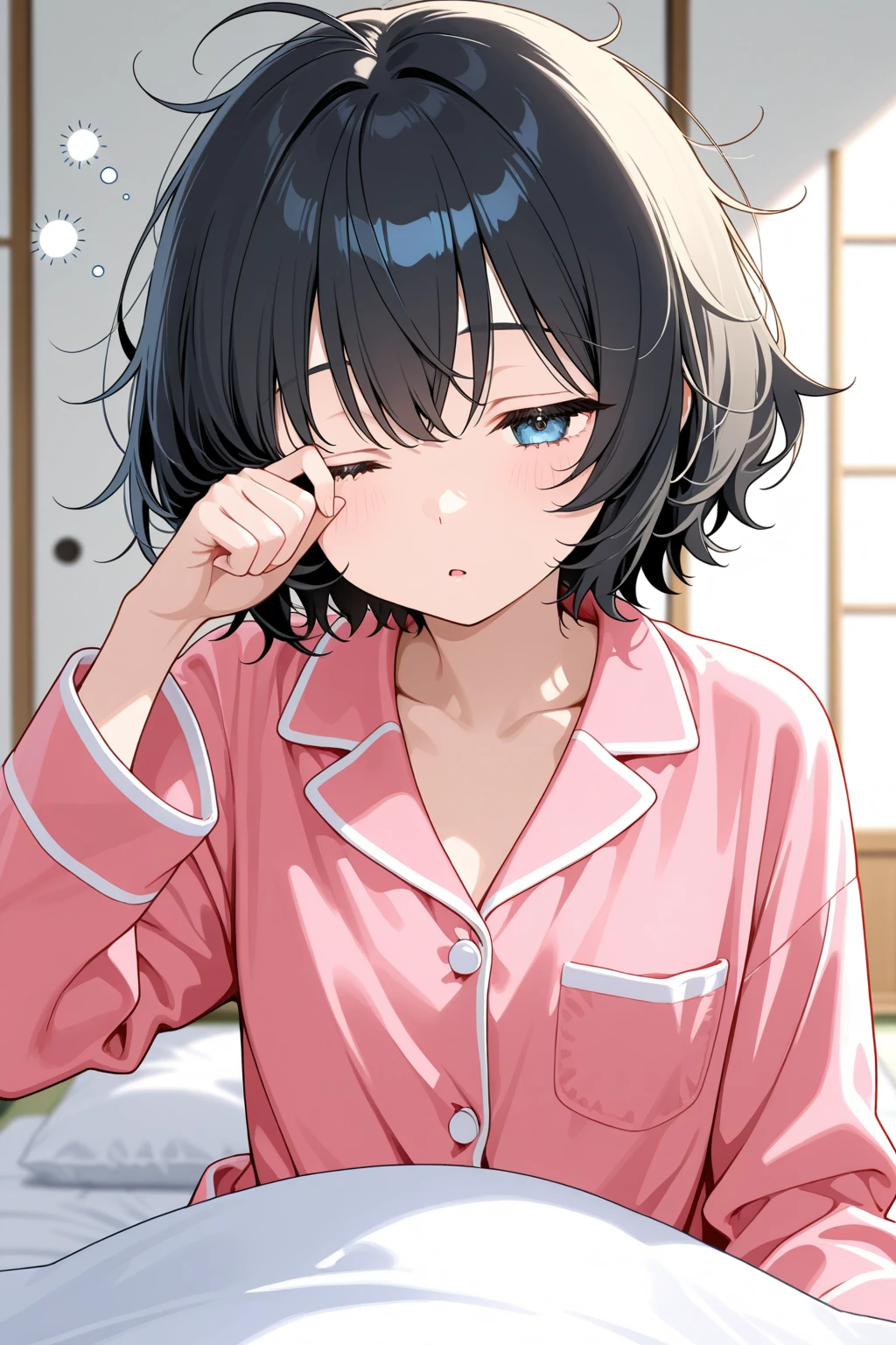 solo girl, 20 years old,sitting,sleepy,cowboy shot,very short hair,black hair,brown eyes, small breast,pajamas,bedroom,insanely detailed, absurdres, ultra-highres, ultra-detailed, best quality, slender, kawaii, perfect symmetrical face, ultra cute girl, ultra cute face, ultra detailed eyes, ultra detailed hair, ultra cute, ultra beautiful,masterpiece,incredibly absurdres,high detail eyes