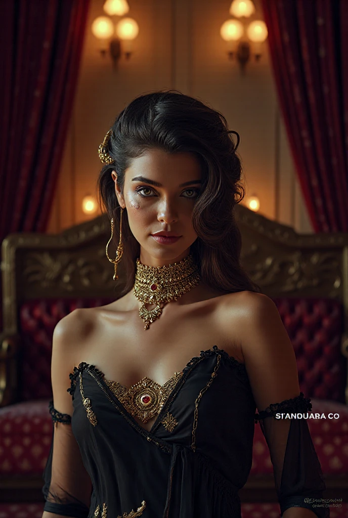 Twilight lady, beautiful and mysterious woman, a work of art of beauty, realistic and sharp focus, wearing sexy clothes. detailed Professionally retouched, soft lighting, realistic and smooth face, perfect eyes, sharp focus on eyes, 8k, high definition, incredibly detailed, complex, elegant. in a London BigBen fund. long black hair, striking face, expressive and crystalline green eyes, black floral tulle with gold embroidered edges draped over the shoulders, shiny red and gold satin corset, detailed and intricate, draped black skirt, light fabric, with golden roses at the waist, night background. Full HD.