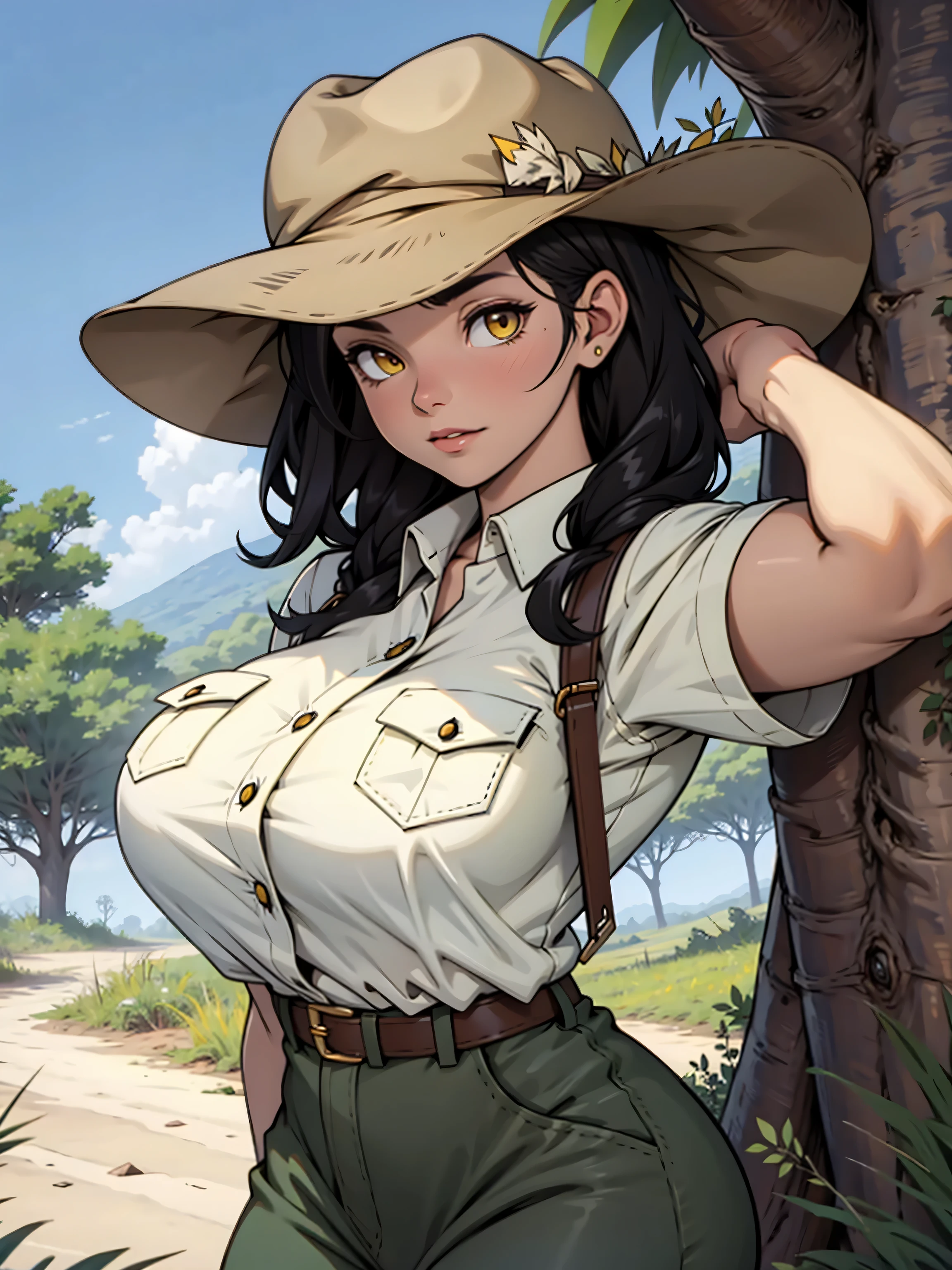 Painting of a smiling, gorgeous woman with black hair tied in a loose ponytail wearing an explorer hat, a buttoned-up blue shirt with short sleeves, beige shorts with pockets and brown traveling boots. She walks in a thick jungle pushing away the large leaves and vines around. Anime style, highly detailed, she has very big thighs