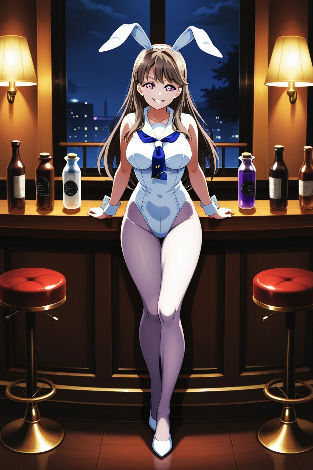 (masterpiece), (best quality), (ultra-detailed), (extremely detailed cg), (a extremely delicate), (perfect lighting), (8k), (dynamic angle), (sharp image), vibrant colors, female, masterpiece, best quality, depth of field, cinematic lighting, masterpiece, best quality, ultra-detailed, colorful, vibrant, medium breasts, thighs, mature female, solo, (masterpiece, best quality, high resolution, animescreencap, anime colored,), (perfect anatomy, beautiful detailed eyes, beautiful detailed body, beautiful breast, shiny skin), a sexy anime girl wearing bunnny suit,(small breasts, shiny legs, thighs, holding a ladies drink, sweaty body,(wet skin), black bunny suit, cleavage, ponytail, looking from up above,(fishnet pantyhose), brown hair, casino background, camera lighting, smiling, happy, sitting in a round chair,