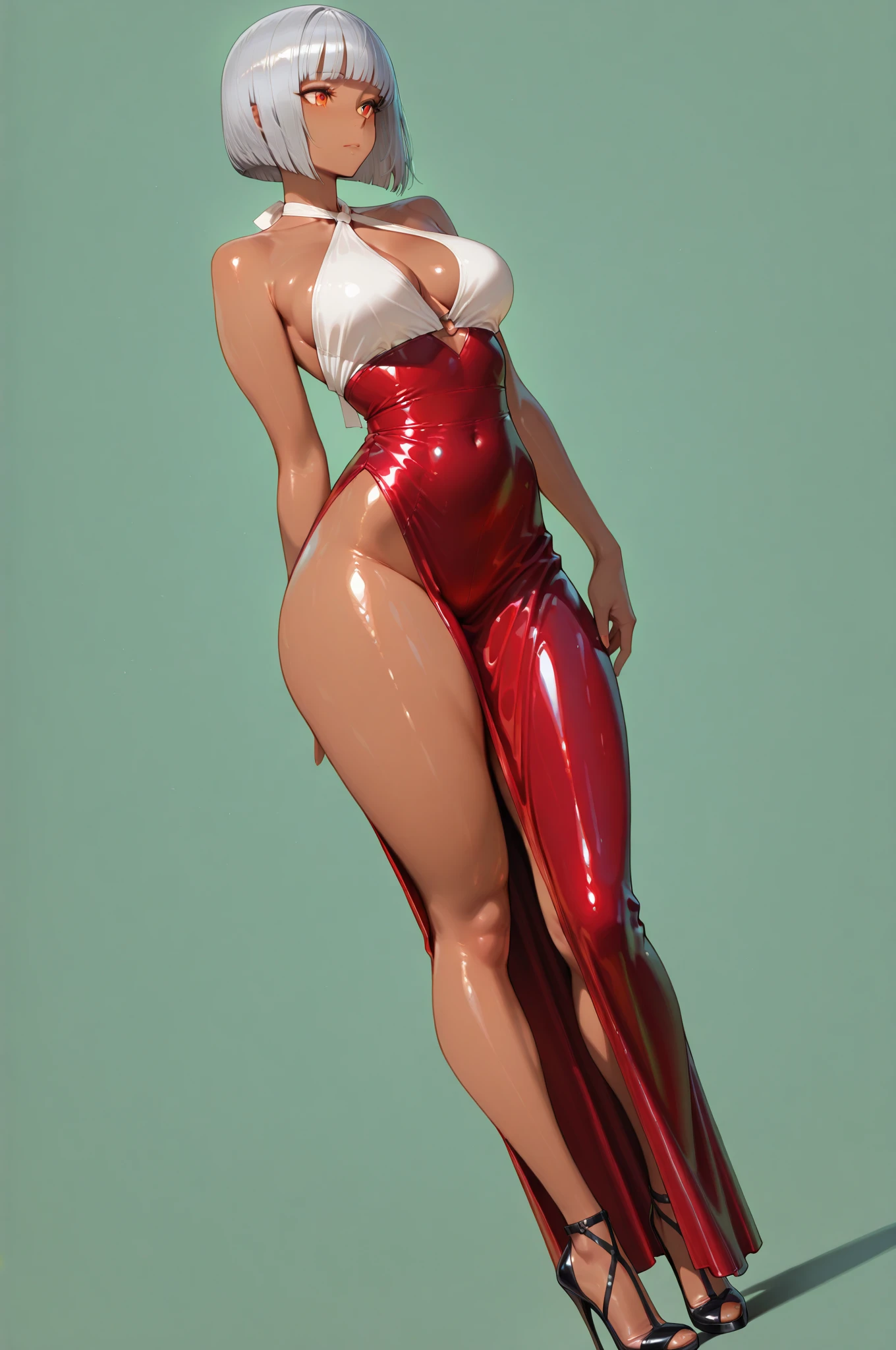 ((BLACK BACKGROUND,1:2, masterpiece)) full body MILF BIMBO standing with two long thighs and two metal sandals, hyper realistic, (chest covered)(smile)Gray skin, pale golden hair and violet eyes. They prefer clothing of white and silver with cloaks of deep blue or purple,village background, huge_knockers, ((very precise detailed)), ((highres) triplets drow slave bikini