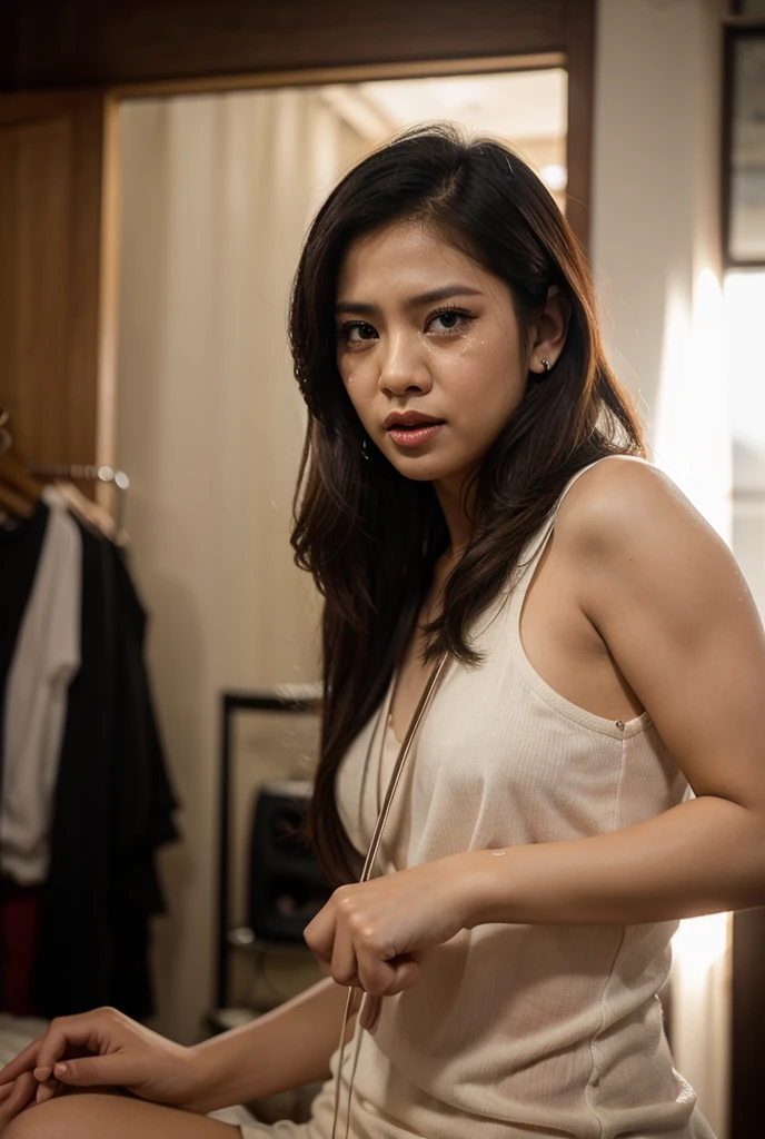 "Generate a photo-realistic image portraying a Hispanic-Filipina woman, aged 28, standing in a bedroom of a condo apartment in the Philippines. Her skin is dark tan, complementing her Hispanic-Latin-Filipina heritage. She has a slender,  figure and sports waist-length, thick hair and a flat nose. Her outfit consists of small shorts and a t-shirt. The setting is captured in the evening with twilight hues filtering through the living room window. The photograph should focus on capturing detailed emotions in her angry, furrowed brow, pouting face and the rich details of her hair, using a 2.8 aperture for a depth of field effect."

