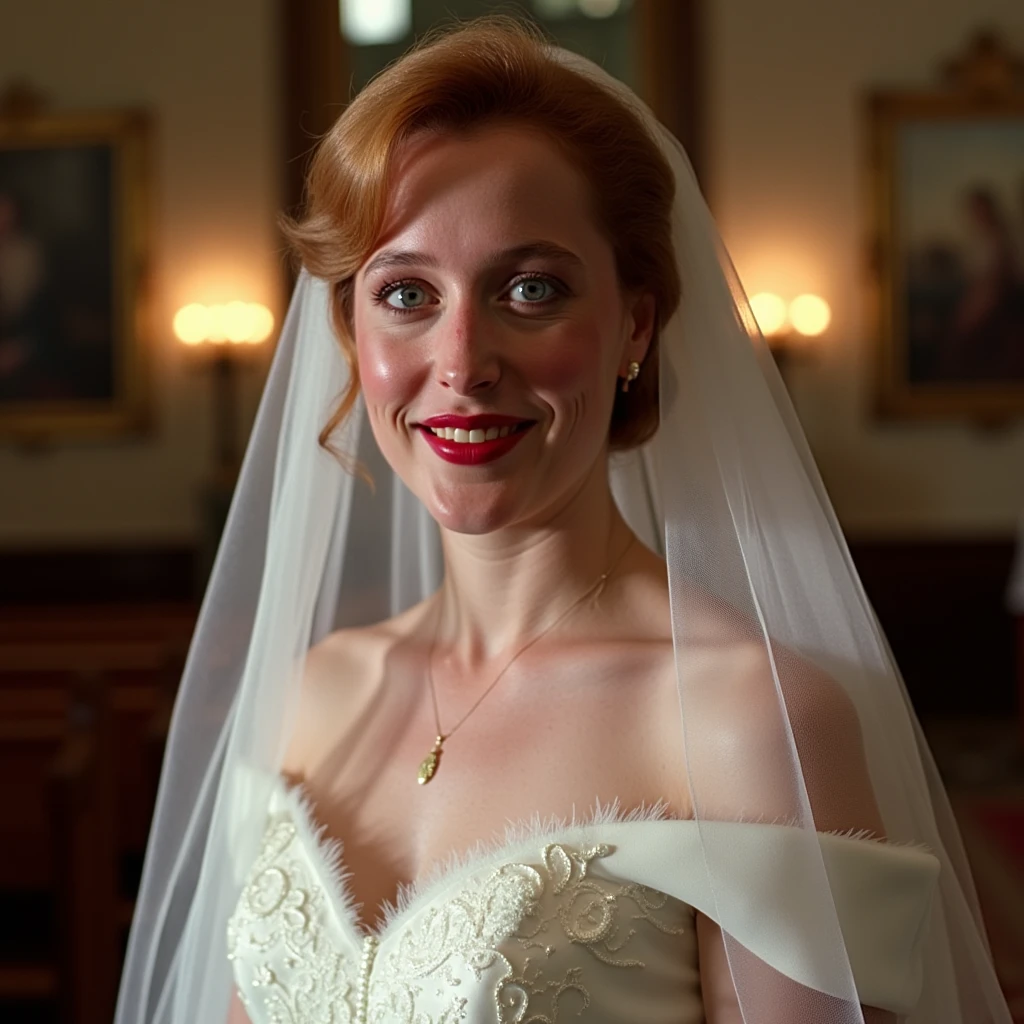 Christina Hendricks wearing a wedding veil with lipstick completely naked and smiling