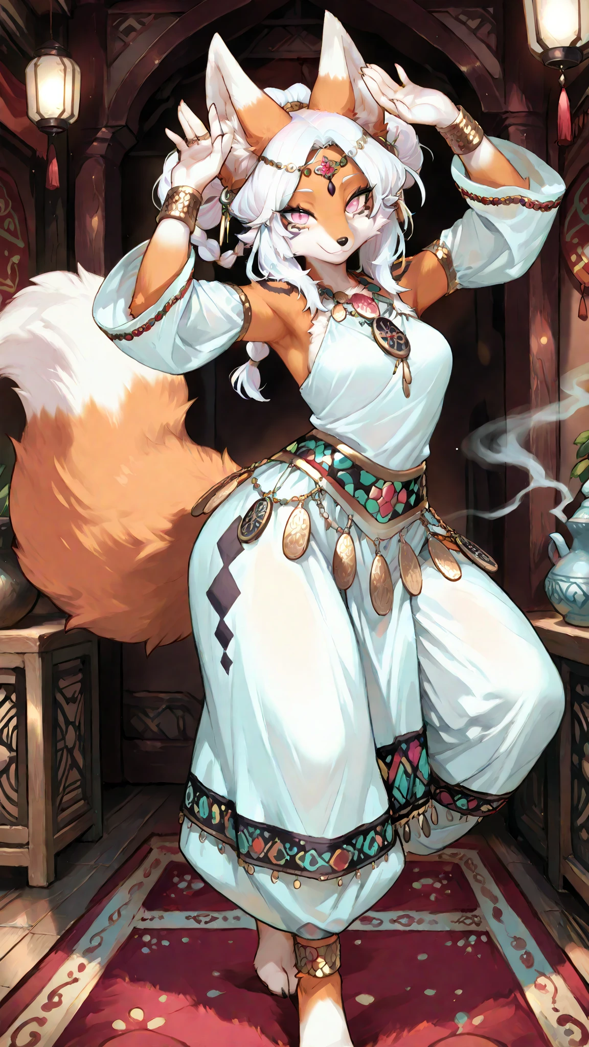 top quality, ancient Chinese beauty(highly detailed beautiful face and eyes)absurdres, perfect anatomy((beast woman, solo focus)) (((furry))) (furry anthro:1.7) ((((Furry body, fox facial features, fox body features)))) ((very detailed body fur))full body, dancing pose, gorgeous dress embroidered with intricate embroidery, transparent colorful ribbons tied around her arms, bare shoulders, open neck, wreath, black bun with flower hairpins Belts, armbands with streamers, necklaces, bracelets, anklets, metal chain tassels around the waist, Mogao Grottoes art, inspiration from Dunhuang Flying Apsaras murals, ink wash,