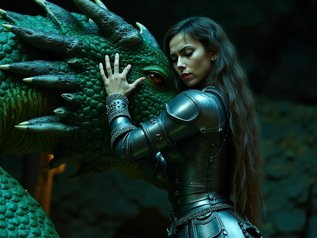 Ultra wide shot,sci-fi movie style,photorealistic,soft low contrast,soft cold lighting,beautiful girl,n3ry,21 yo,futuristic black armored clothing,mechanical dragon behind her,fearless impression,full lips,long curly dark hair,looking on sunrise,starship in the sky,beautiful detailed face,perfect hands,small breasts,<lora:Marina_N3ry_XL:0.9>,n3ry,