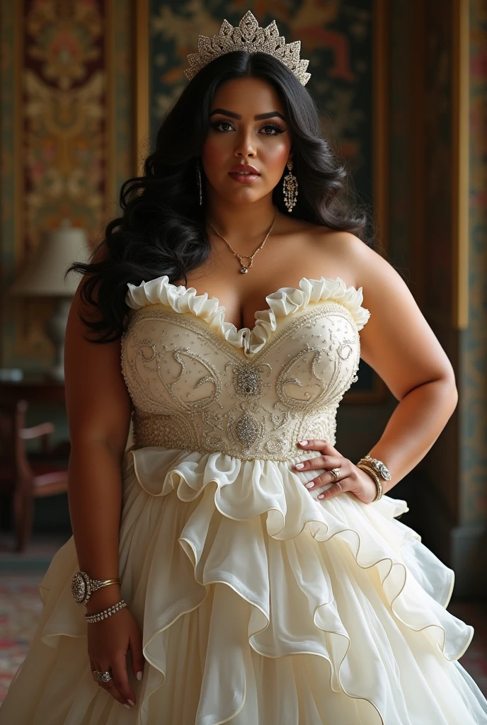 araffe woman in a blue dress posing for a photo, alluring plus sized model, curved. detailded, curls and curves, curved, long curvy black hair, curved. detailded expression, 4 k glamor photography, glamor photography, attractive feminine curves, curvy model, plus size woman, plus size, curvy hourglass figure, lizzo