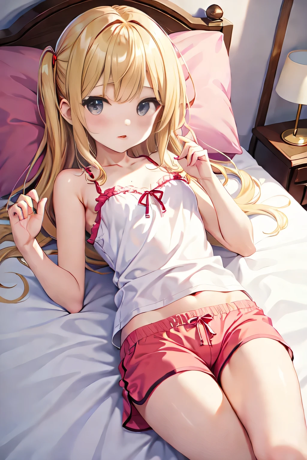 (masterpiece、top-quality、hight resolution、photos realistic、real looking skin:1.1)、Japan girls at 15 years old、full bodyesbian、(very small breasts:1.5)、(a blond:1.2)、Beautiful eyes、Shining eyes、embarrassed from、Short side ponytail、no bra、Chest Pochi、(Sheer white tank top:1.5)、(M-shaped legs:1.5)、(arms behind back:1.5)、On the bed in the bedroom、(linen child panties:1.5)、nsfw