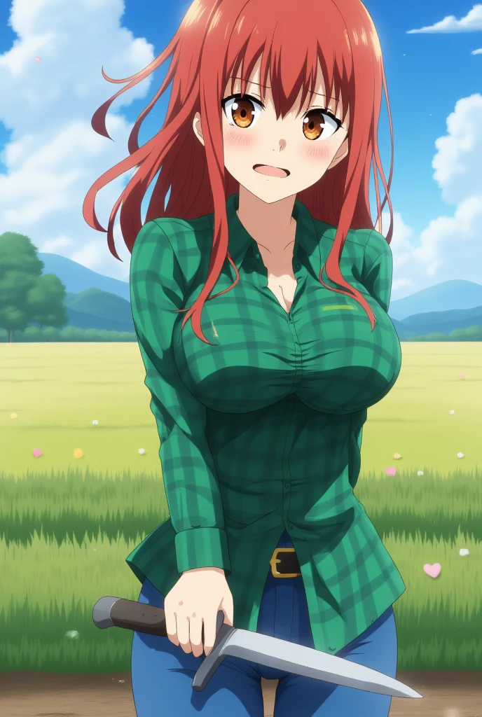 masterpiece, best quality, highres, detailed beautiful face,
1girl, solo, looking at viewer, cowboy shot, red eyes, red hair, long hair, frown, hair over one eye, shirt, navel, x hair ornament, cleavage, midriff, breasts, large breasts,
miniskirt, skirt, crop top, groin, plaid, red skirt, plaid skirt, brown footwear, sleeves rolled up, clenched hands, yellow shirt, tied shirt,
<lora:LoRA_Yui:1>, blush, field, grass, forest, sunlight, cloudy,