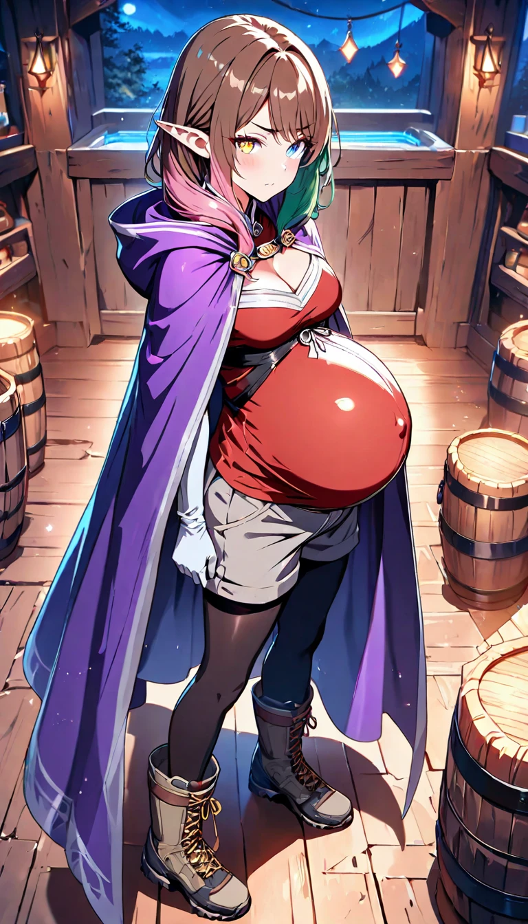 Mulher pregnant com vestido roxo gigante, high qualiy, awardwinning, high resolution, 8K , standing alone, 1woman, from the front, mellow, milf, purple cropped hair, blue colored eyes, long cloak decotado , tall woman, 29-years-old, milf, cuvilinear body, massive huge tits, huge ass , big-ass, pregnant, cabelo roxo, long cloak, hinterland, dress covers the legs, seducing gaze