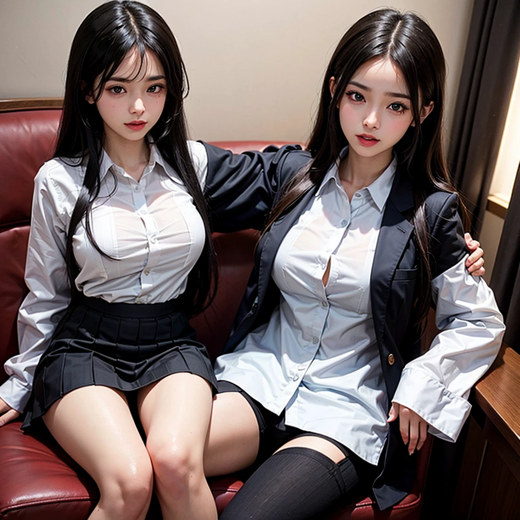 ulzzang -6500-v1.1, (Raw photo:1.2), (Photorealsitic), (Real:1.4), １girl with、とても可愛いgirl with、18year old、game_nffsw,  Ocean Blue Eyes(eye detailed), Smile of shame、(stylish business suits:1.3)、revealing the chest、Unique and powerful random sexy poses、(Ultra-realistic pantyhose:1.2), beautiful legal skin、Black hair Long hair、realistic skin textures、shinny skin、plain nipple!!! , make - up、eye shadow、Perspective from above、look up to、Expression of desire、Do not wear underwear、expose beautiful breasts、kneel and pledge allegiance、I&#39;m your slave、
