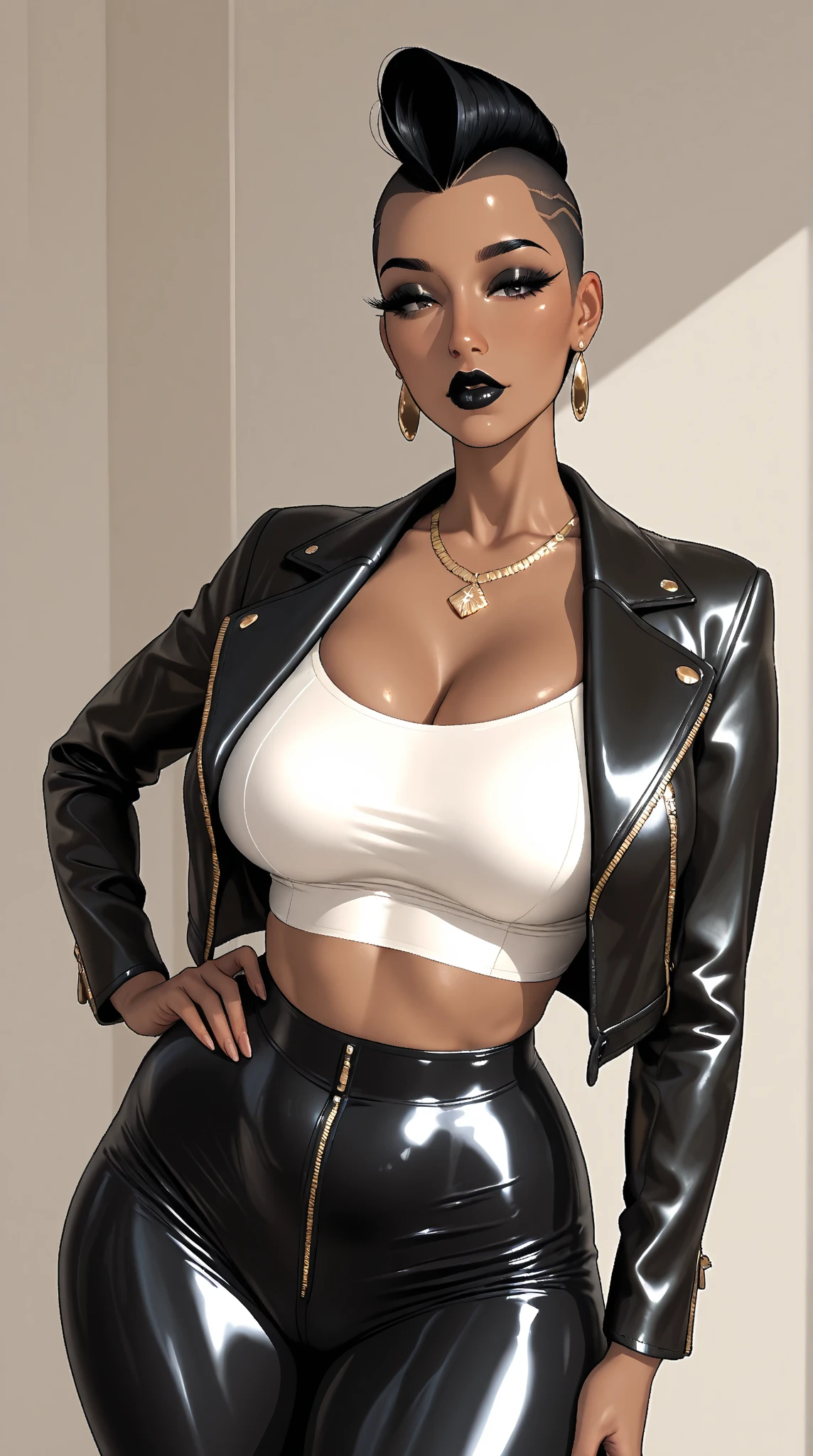 obra prima, melhor qualidade, ((only one woman,)) ((grace jones, black skin,)) head back, ((sexy sultry wicked look, open mouth, pucker mouth,)) thick smoky black eye shadow, long fake eyelashes, ((wearing cream white leather biker blazer,)) ((jacket is unzipped and wide open, small breasts, nip slip,)) jacket has padded puff shoulders, shiny leather gloves, ((cream white micro mini leather skirt,)) body is skinny, shiny tight buttocks, sexy glamour pose, arched back, (camera view of whole body,) looking up at me, shallow depth of field, highres, HD, 8k, anatomically correct