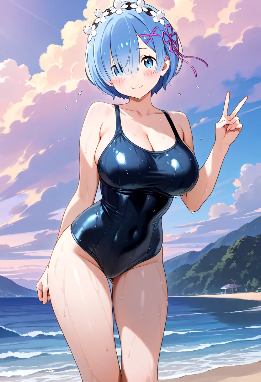 1girl, rabbit ears, bunny ears, light blue hair, very short hair, large breasts, wide hips, thick thighs, one-piece swimsuit, competition swimsuit, blue swimsuit, highleg, beach, blue hair, smile, animal ears, animal ear fluff, eyepatch, ((eyepatch)), one eye covered, white rabbit ears, bare legs, purple eyes