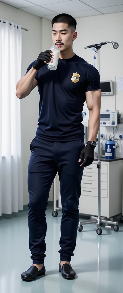 a muscular gym worker doctor, wear in one hand his working suit, at a gym in shiny day, 