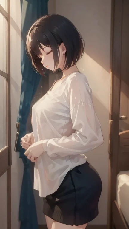 score_9,score_8_up,score_7_up,masterpiece,best quality, source anime, realistic, super detailed, extreme detailed, rating_safe,
1girl, standing, arms up, stretching, cowboy shot, (from behind:1.2),
BREAK girl, 22yo, short hair, bob cut, (blunt bangs), black hair, (tareme, detailed cute brown eyes), curled eyelashes, (large breasts:0.9),
shiny hair, beautiful detailed eyes, beautiful face,
slender, small ass, slim legs,
(See-throughed negligee), (see through:1.2),
embarrassed, blush, frown, forced smile,
bedroom, window, morning, sunlight