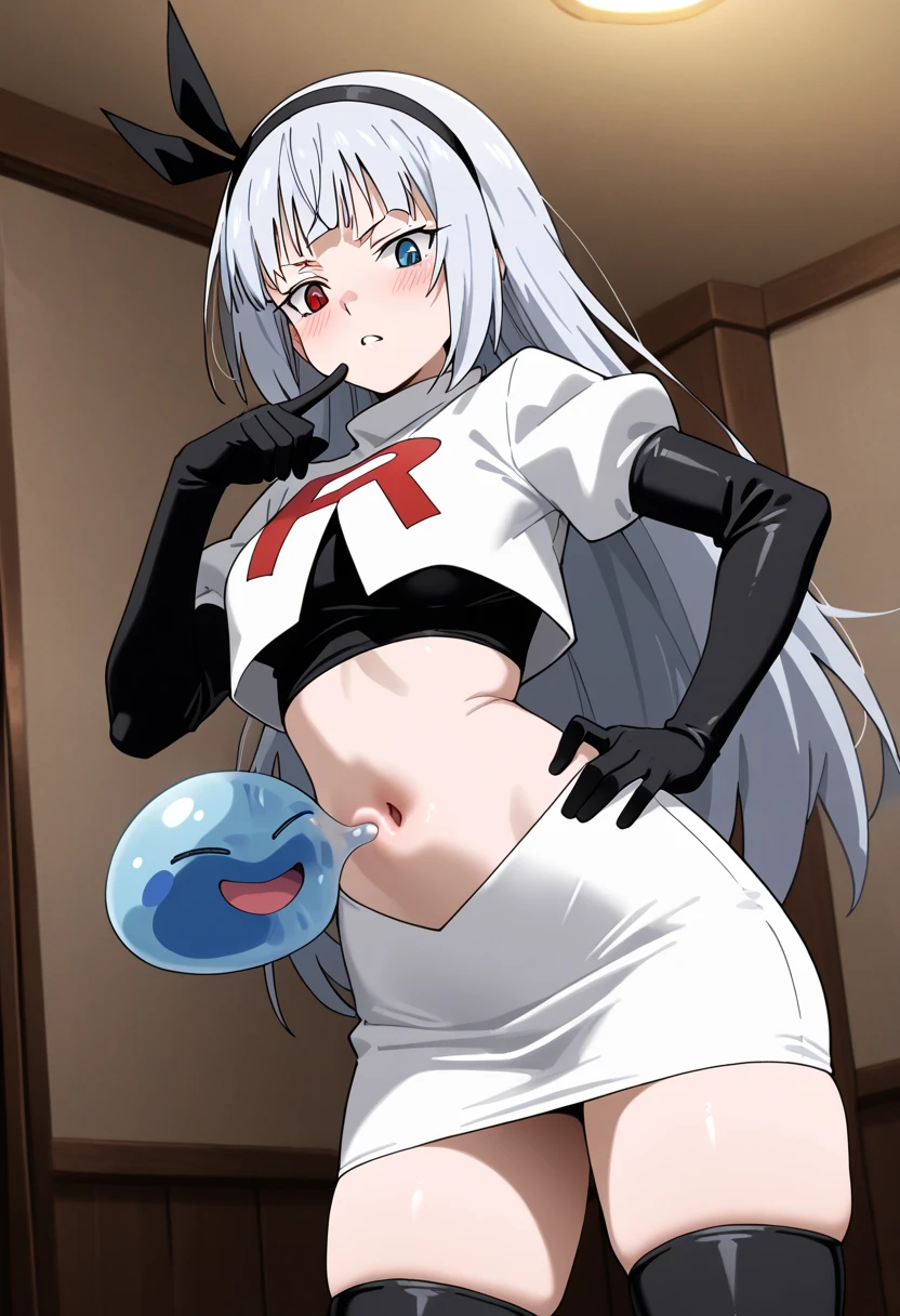 ,(((Liz Hellesta))),((v tuber)),((Game Now Streaming)),((White Delivery Room)),(Liz Hellesta髪),((Dressed seriously)),(((Do not expose breasts))),masterpiece, Highest quality ,(1 beautiful woman), Liz Hell,cameltoe,(Straight gray straight hair,((Bangs)),((Beautiful Japanese woman face)),Thin face,((Thin cheeks)),Beautiful woman face,Precise depiction,Excellent costume design, (Small breasts), Slender upper body,(8k Full Body RAW Photo), (Highly detailed skin: 1.2), ((Oily skin)),smile, Highly detailed face, ((Grey Hair)),fine grain, (((Sweaty body))), (((Oily skin))),Inside the room,1 Girl,Open your mouth,(((Open your eyes))),(((View your viewers))),Look this way,(((Open your eyes))),(((Open your eyes))),(Large pelvis),(Wide Hips),(((Very muscular and thick thighs Veins,))),(((Abnormally thick thighs))),Thigh gap,(((Shiny thighs))).(((Narrow waist))),(((Very thin waist))),(Realistic:1.0),Front view,1girl,lh1, (((White panties))),(((cameltoe))),Hair Ornament Net、Long Hair、Long sleeve、((Blue thigh-high socks in silk fabric))、((Armband))、Blue pleated mini skirt、((White jacket, cotton material))、(tight white shirt)、Blue Skirt、((Metallic black thigh straps)),(((Front view))),View your viewers,((Open your mouth)),Showing teeth,Constricted eyes,(((blush,shame))),(((Puzzled expression))),(Panties are wet),