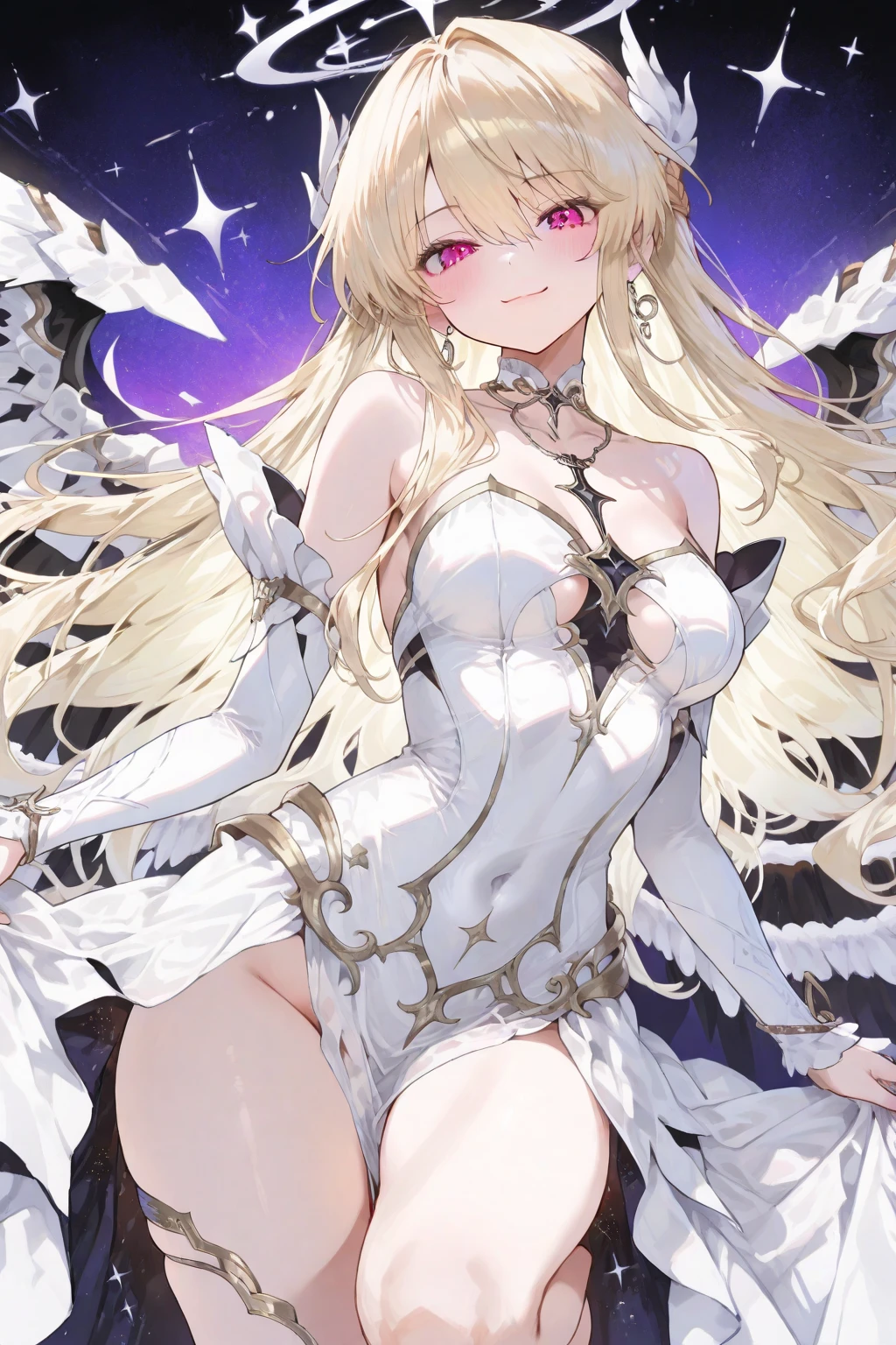 masterpiece, best quality, solo, 1girl, blonde-hair, wings, thighhighs, (very-long-hair), smile, wide-sleeves, navel, hair-ornament, blush, looking-at-viewer, detached-sleeves, open-mouth, frills, outstretched-arms, black-thighhighs, dress, oragen-eyes, half-closed-eyes, long-sleeves, bangs, breasts, center-opening, standing, angel-wings, white-wings, garter-straps, flower, parted-lips, bare-shoulders, navel-cutout
